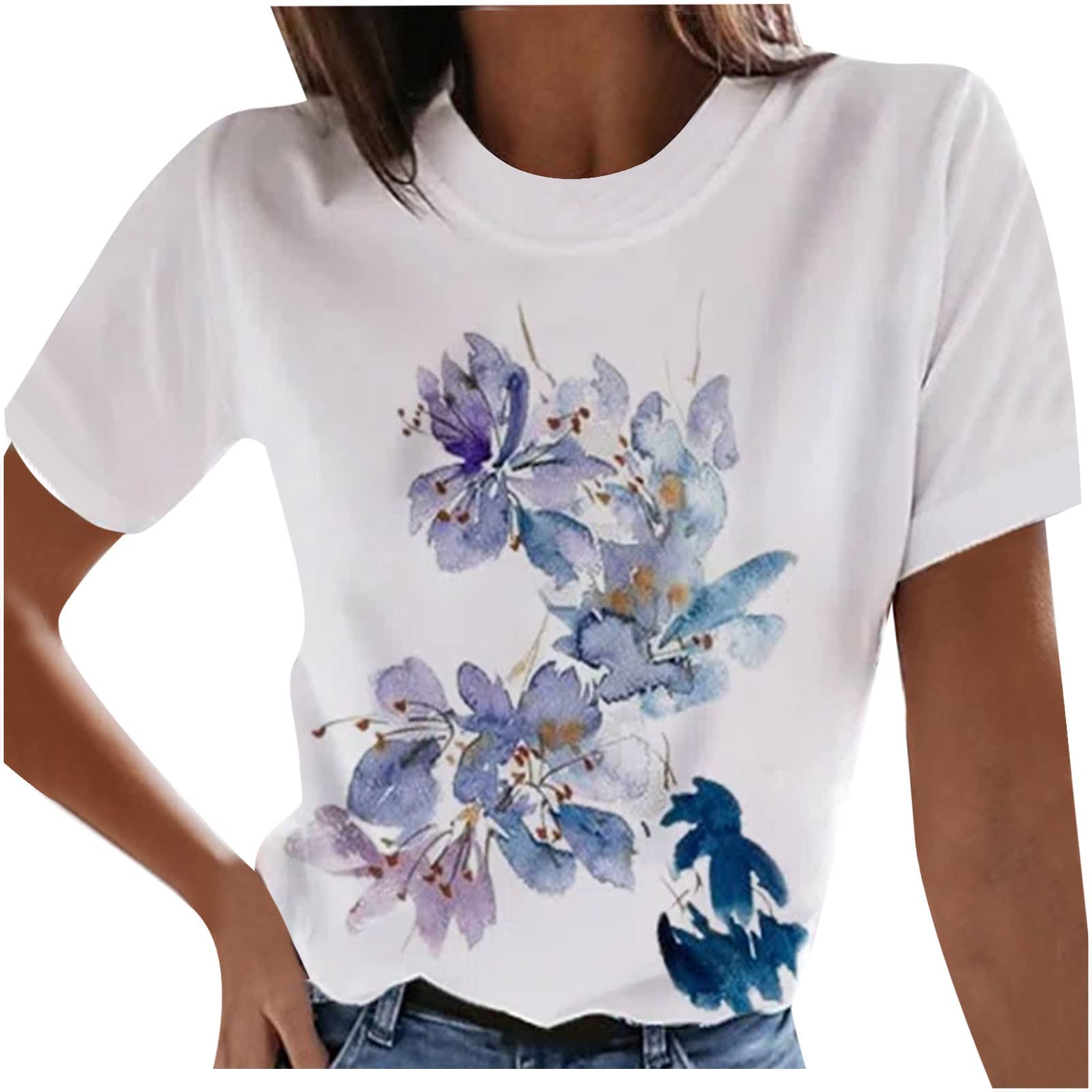 Women's Summer Casual Floral Print Short Sleeve Crewneck Graphic Tee - Loose Fit Blouse Tunic for Work, Date Night & Weekend Outings