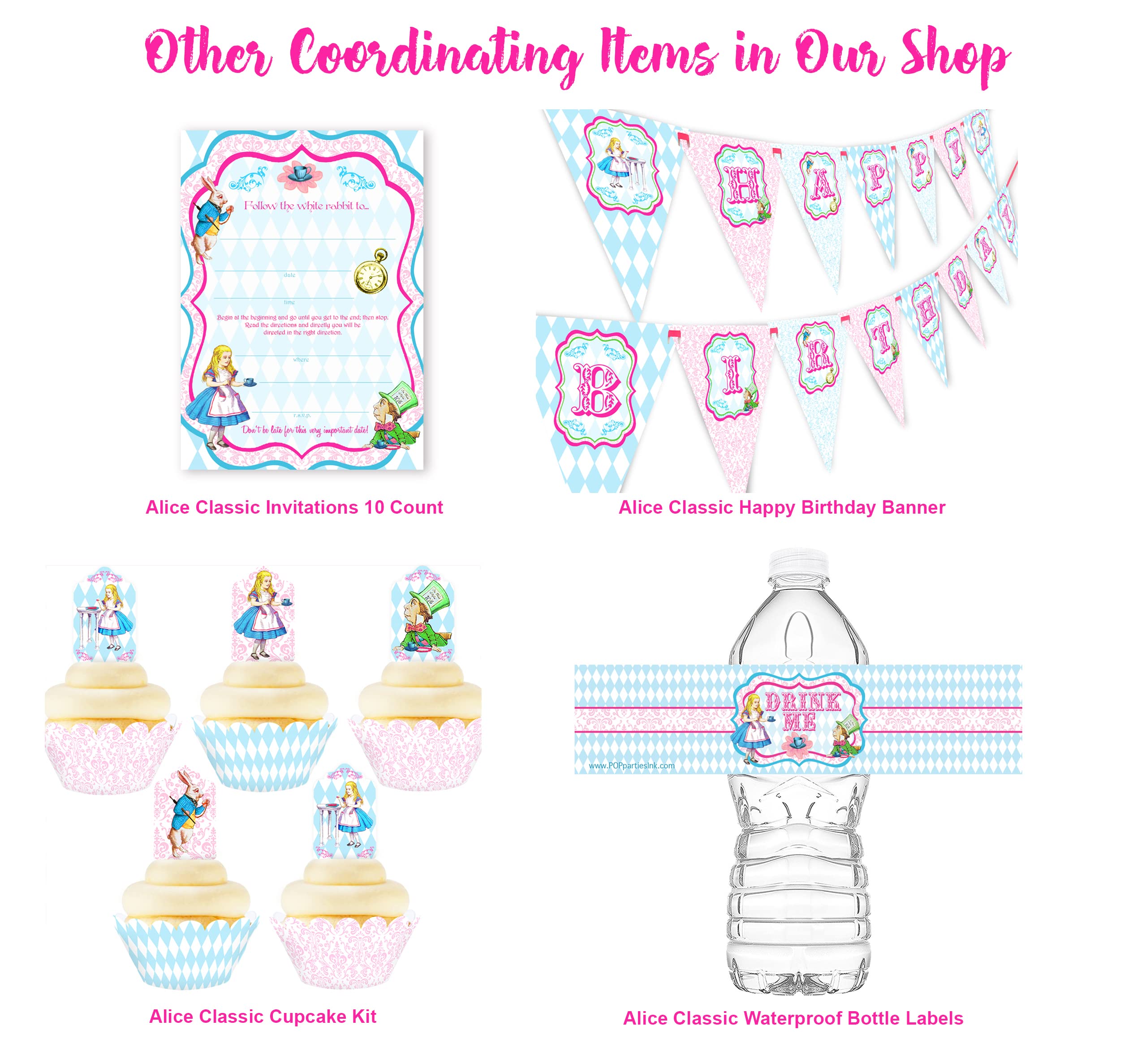 Alice in Wonderland Water Bottle Labels - Pack of 20 Unique Designs - Made in USA - Perfect for Birthday Parties, Baby Showers & Themed Events