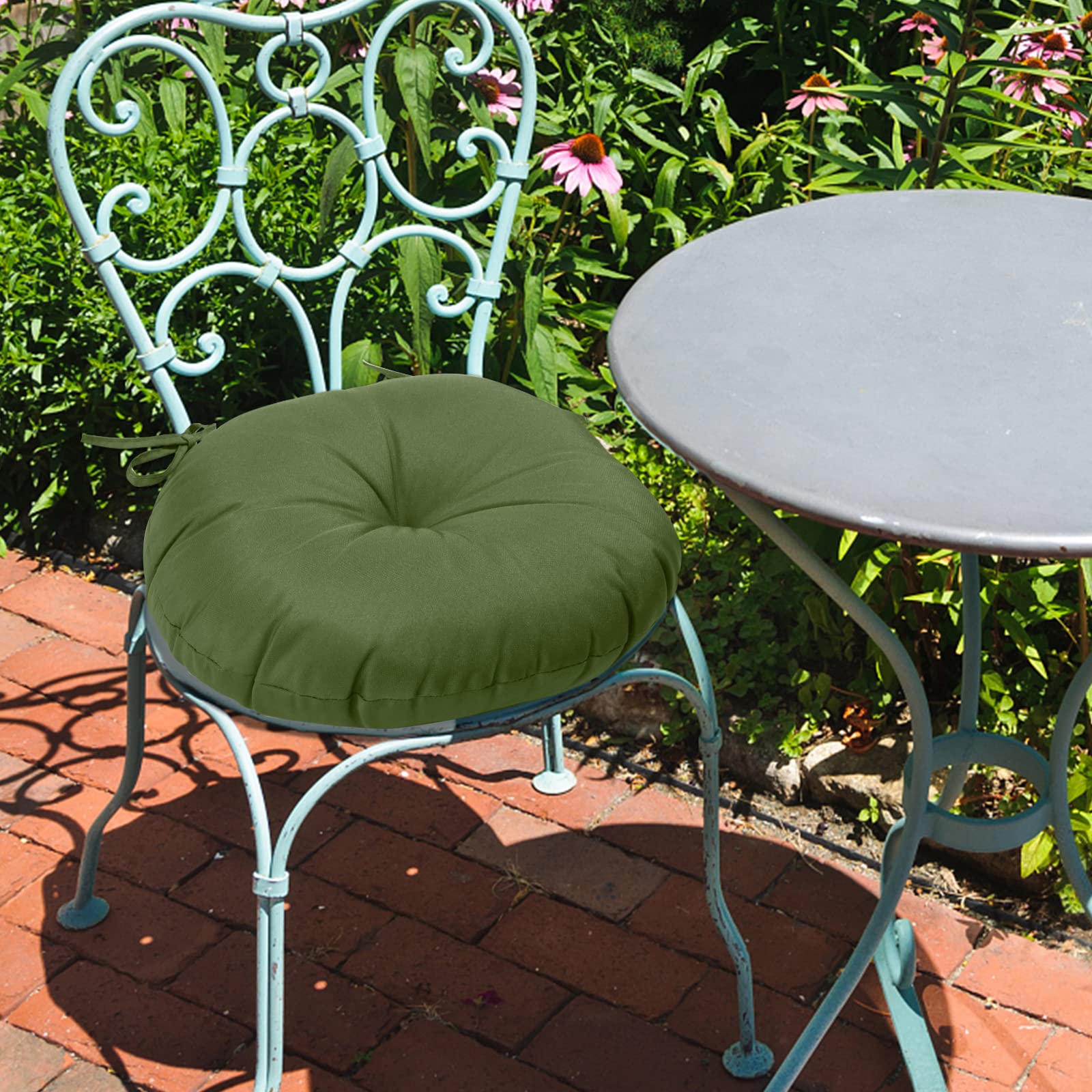 GUEGLSA 15 Inch Waterproof Outdoor Tufted Round Cushions - Set of 2 Green Bistro Chair Seat Pads 15
