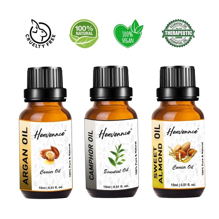 Heavennce Argan Oil, Camphor Oil & Sweet Almond Oil Combo - 3 Pack for Hair Growth, Skin Moisturizing & Pain Relief | Natural Massage Oil for Relaxation & Aromatherapy | Perfect for Dry Scalp, Stretch Marks & Muscle Soreness