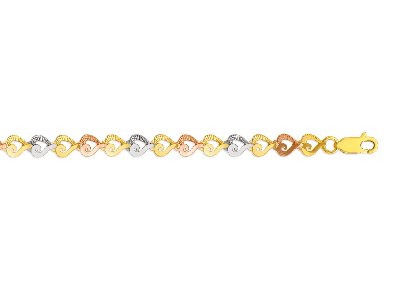 14K Tricolor Gold Heart Bracelet with Diamond Cut - Elegant Women's Fashion Jewelry Gift - 7 Inches - Perfect for Valentine's Day, Anniversary & Special Occasions