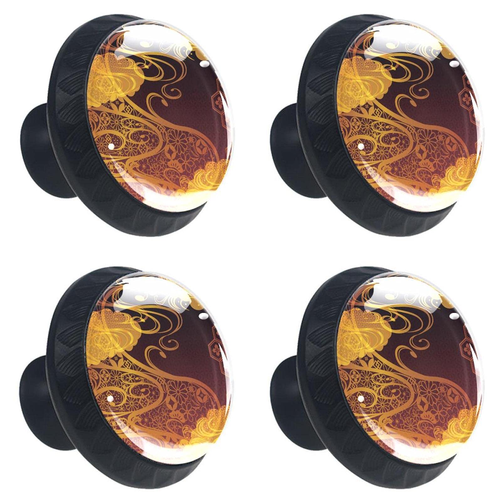 4-Piece Japanese Pattern Round Cabinet Knobs - Drawer Dresser Cupboard Wardrobe Pulls Handles for Home & Kitchen Decor - Perfect for DIY Furniture Upgrade and Vintage Style Interior Design