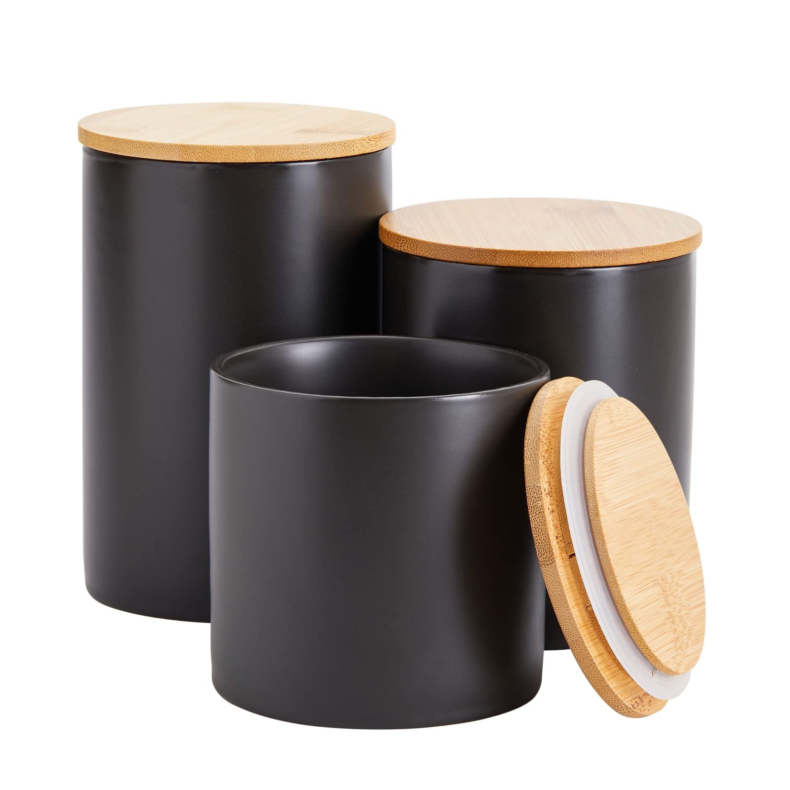 Farmlyn Creek 3-Piece Matte Black Kitchen Canister Set with Airtight Bamboo Lids - Food Storage Containers for Sugar, Coffee, Flour & Dry Goods (3 Sizes) - Perfect for Pantry Organization & Countertop Display