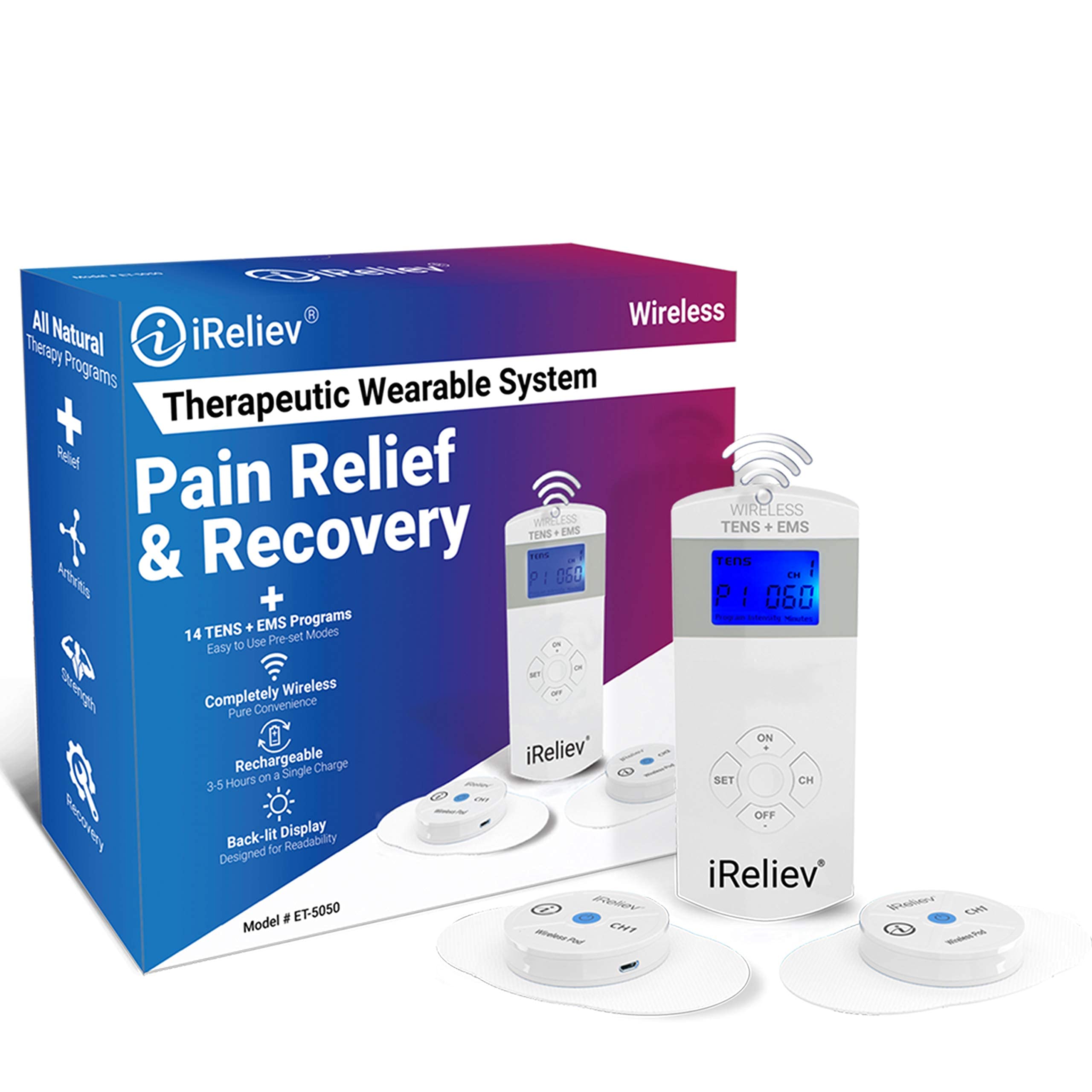 iReliev Wireless TENS + EMS Therapy Device - Pain Relief & Muscle Stimulator for Arthritis, Back Pain, Muscle Recovery - Portable Wearable System for Home & Gym Use