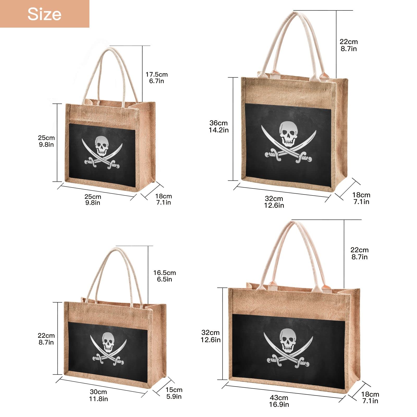 Linqin Pirate Skull Jute Tote Bag - Waterproof Burlap Straw Grocery Shopping Bag for Women & Men - Eco-Friendly Reusable Beach Tote for Travel, Market, Picnics & Daily Use
