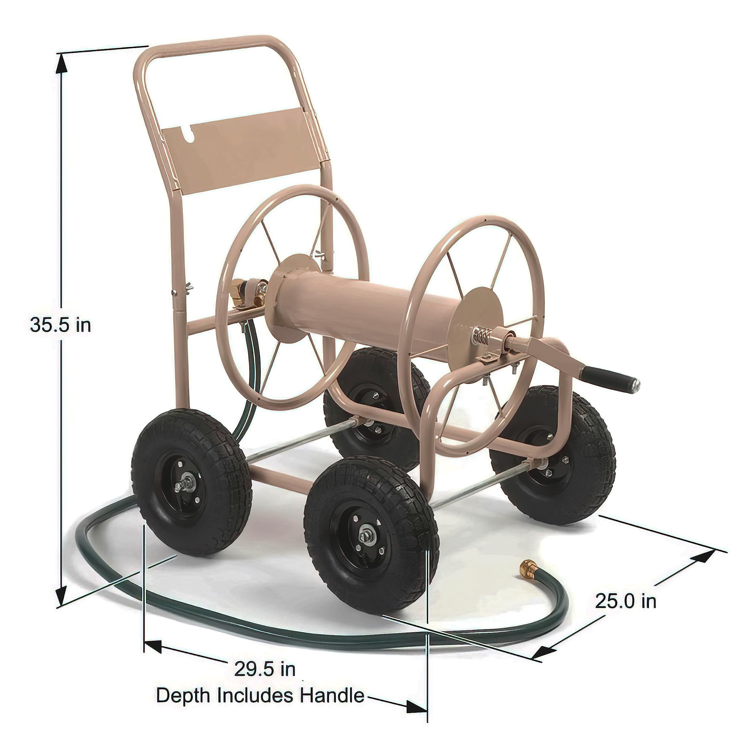 Liberty Garden Industrial 4 Wheel 300ft 0.625 Inch Heavy Duty Water Hose Reel Cart with Steel Frame - Perfect for Backyard, Garden, Lawn Irrigation & Outdoor Watering - Beige