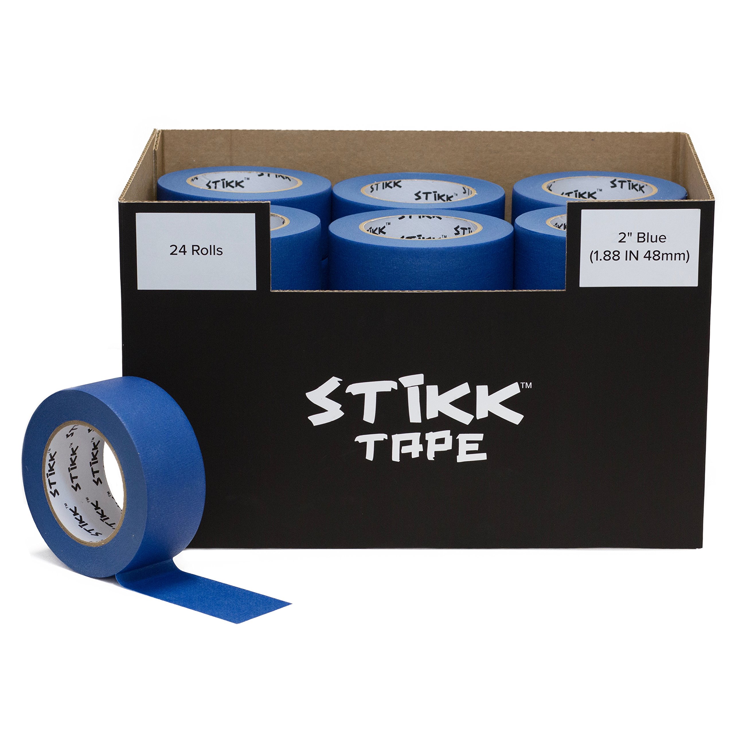 Stikk Blue Painters Tape - 24 Rolls, 2 Inch x 60 Yards, Multi-Surface Crepe Paper, 14-Day Easy Removal, Trim Edge Finishing (1.88