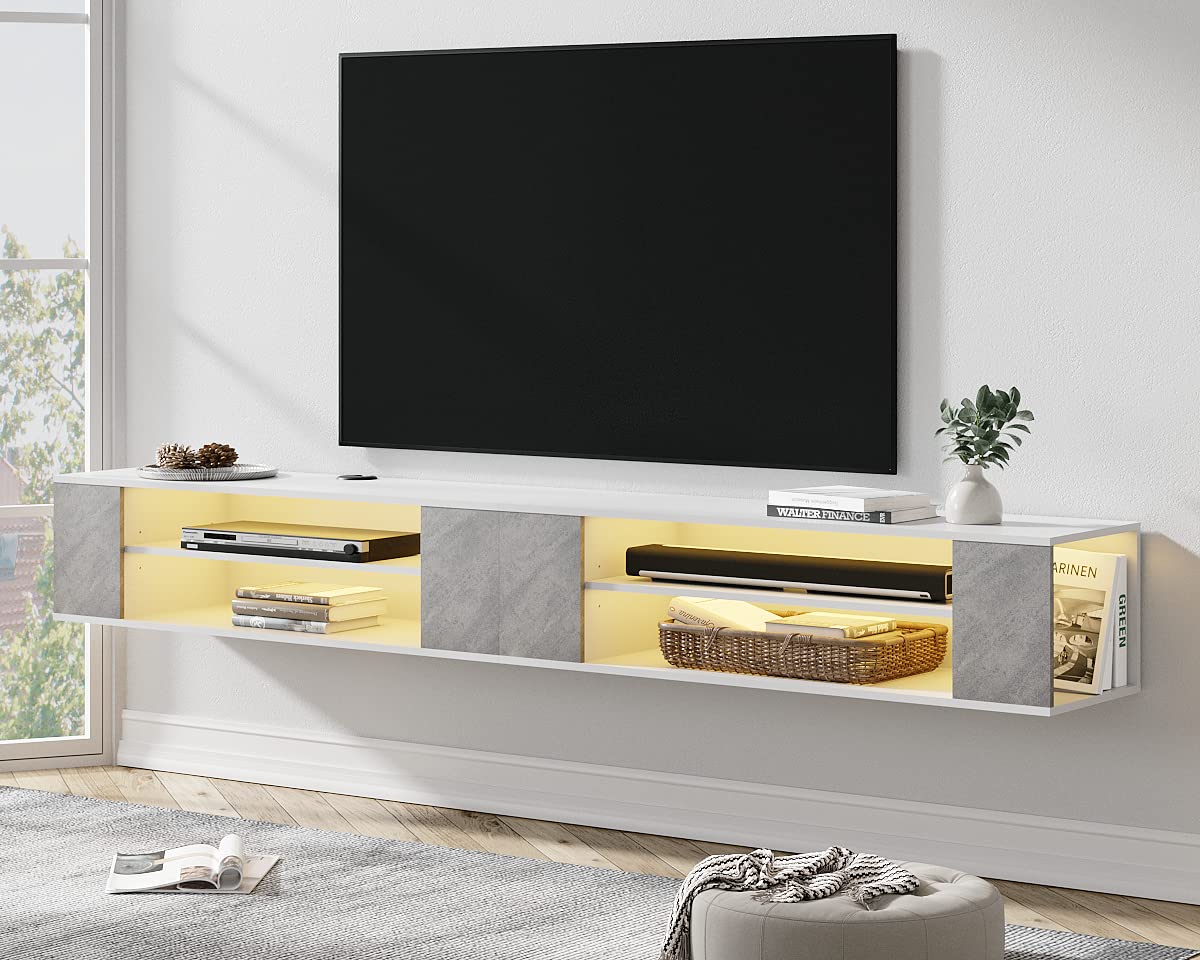 WAMPAT 79 Inch Modern Floating TV Stand with Adjustable Yellow LED Lights - Wall Mounted Entertainment Center for 65-85 Inch TVs - Wooden Media Console with Storage Shelf - Perfect for Living Room, Bedroom & Home Theater (Grey & White)