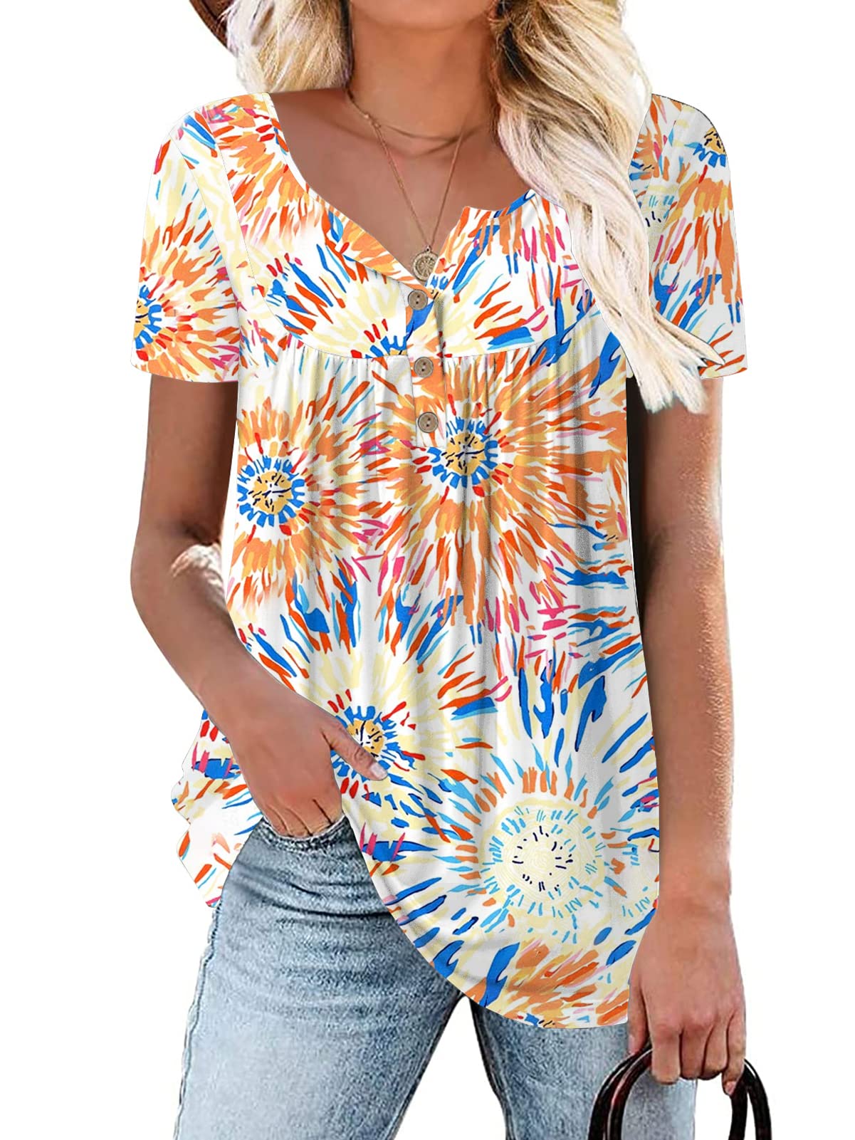 Women's Summer Henley Shirts - V-Neck Blouses with Buttons, Flowy Pleated Tunics - Casual & Boho Style Tops for Beach, Vacation, and Everyday Wear