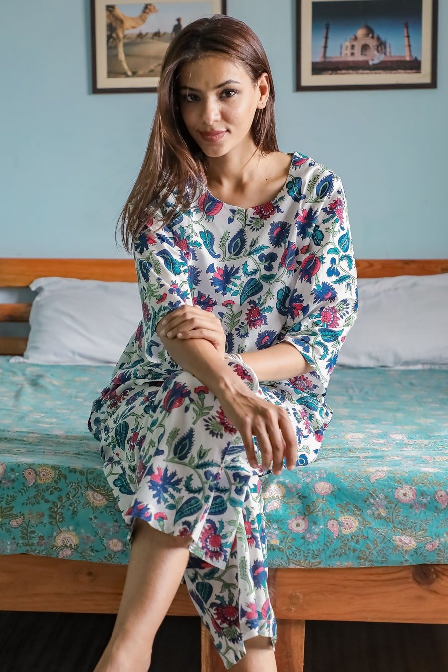 Azofree Handblock Printed Pure Cotton Night Suit for Women - 'Spring Whisper' Floral Design | Comfortable Sleepwear Set for Lounge & Bedtime