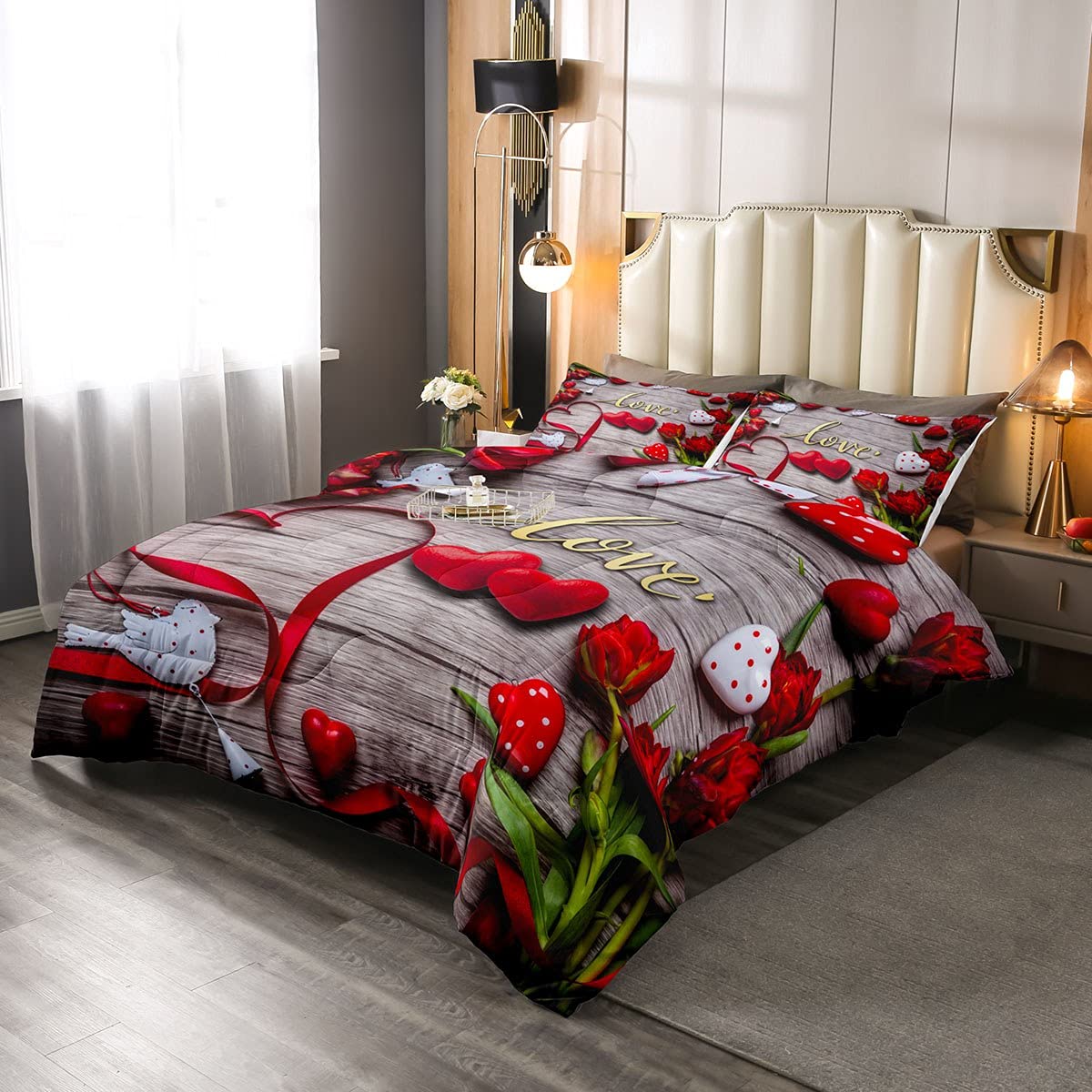 Erosebridal Red Floral Comforter Set - Full Size Rustic Chic Bedding with Retro Wooden Duvet & Love Bird Pattern | Valentine's Day Gift for Kids, Girls, Boys, Women & Men | Perfect for Bedroom Decor, Romantic Getaways & Cozy Home Styling