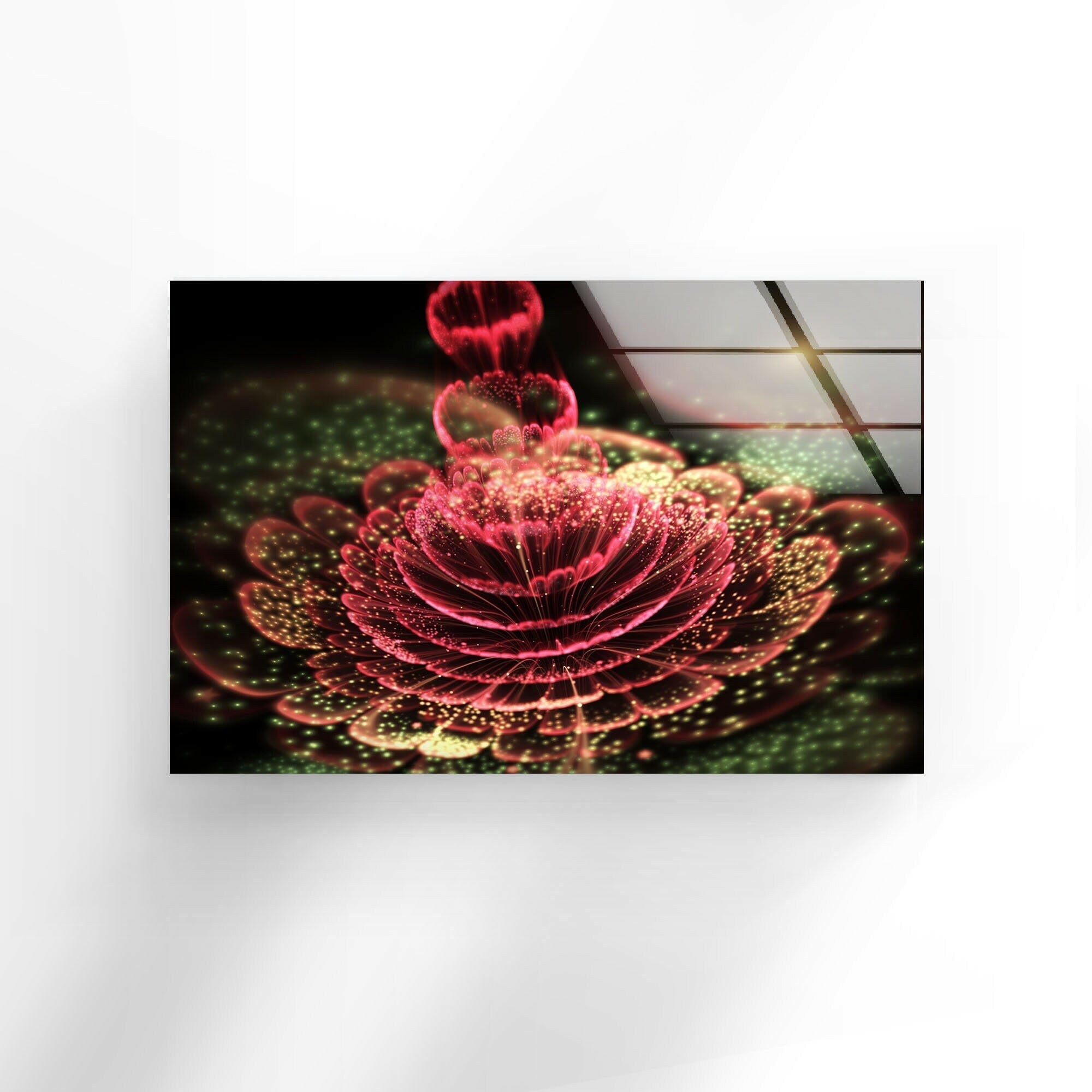 Abstract Red Flower Glass Wall Art - Modern Home Decor for Living Room, Bedroom & Office - Elegant Handmade Glass Painting for Unique Interior Design