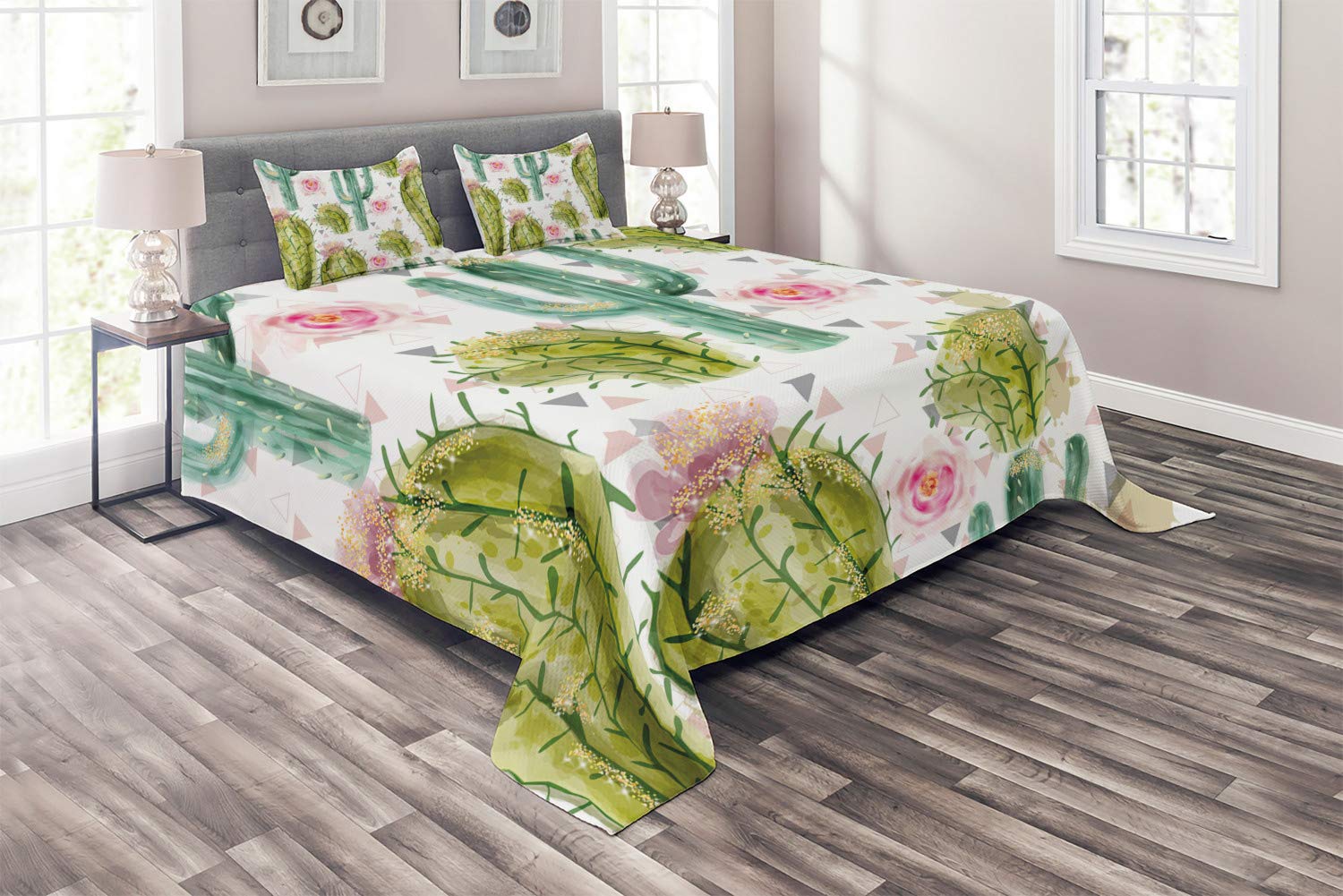 Ambesonne Hawaii Watercolor Quilt Set - King Size 3-Piece Bedspread with Exotic Cacti, Roses & Geometric Triangle Design, Includes 2 Pillow Shams | Perfect for Beach House Decor, Tropical Bedroom Theme & Boho Chic Home Styling