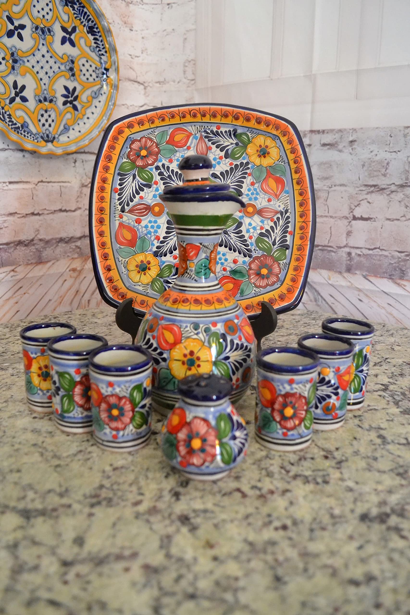 Premium Talavera Tequila Set with Hand-Painted Decanter & 4 Shot Glasses - Authentic Mexican Ceramic Barware for Parties, Gifts & Home Decor (Style CM116)