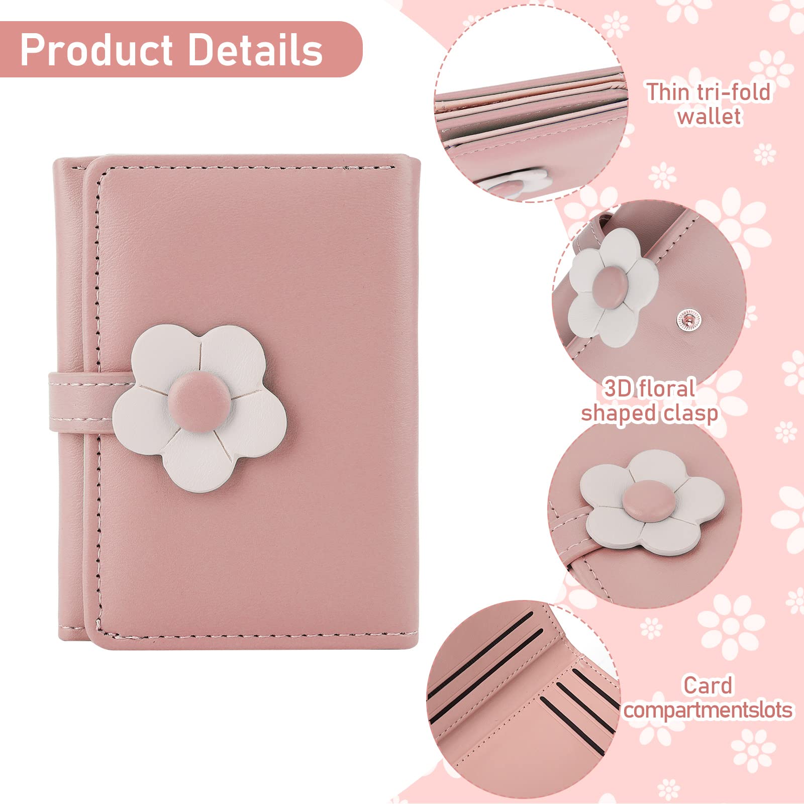 Cute PU Leather Trifold Wallet for Teen Girls - Small Flower Print Wallet with ID Window, Cash Pocket & Card Holder - Perfect for School, Travel & Everyday Use (Women & Girls)