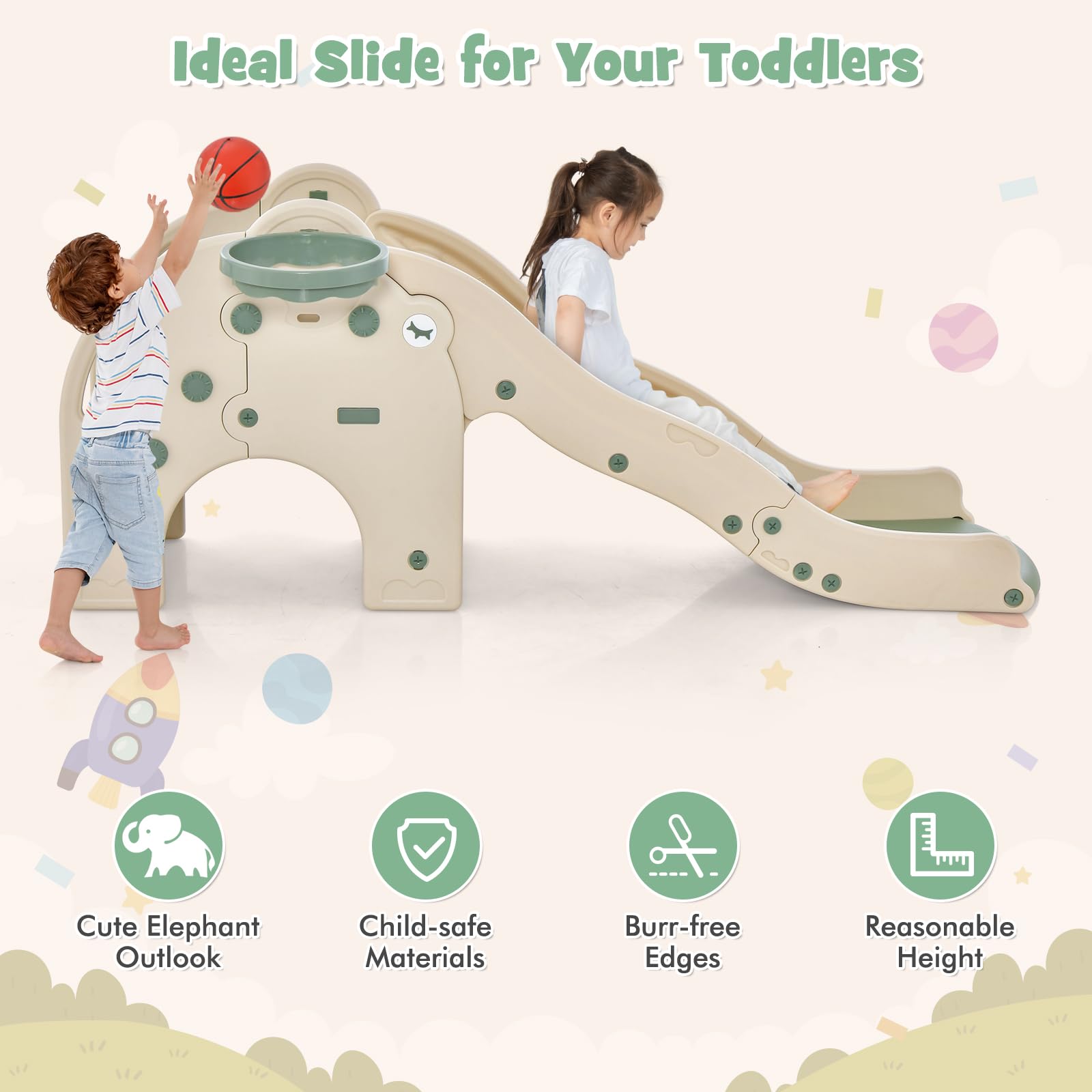 BABY JOY Elephant Shape Toddler Slide with Basketball Hoop - Large Indoor Play Slide for Kids 18+ Months - Non-Slip Steps & Safety Buffer Zone - Perfect Gift for Boys & Girls - Great for Playrooms, Daycares & Backyards