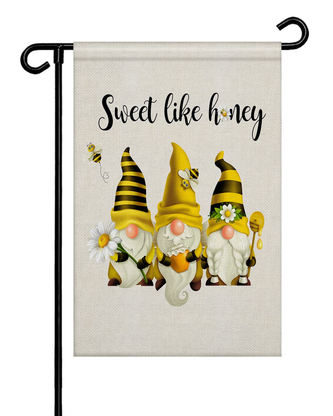 Double Sided Burlap Garden Flag with Spring Gnomes & Summer Daisy Bees - Sweet Like Honey Welcome Banner for Outdoor Decor (28