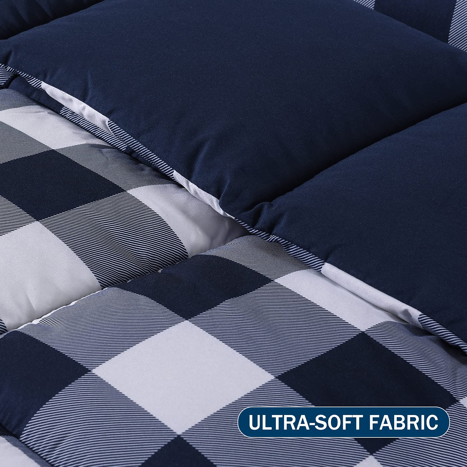 Downluxe Lightweight Plaid Comforter Set Queen Size - 3-Piece Reversible Down Alternative Bedding with 2 Pillow Shams - Blue & White Checkered Design - Perfect for Cozy Bedrooms, Guest Rooms & Dorm Decor