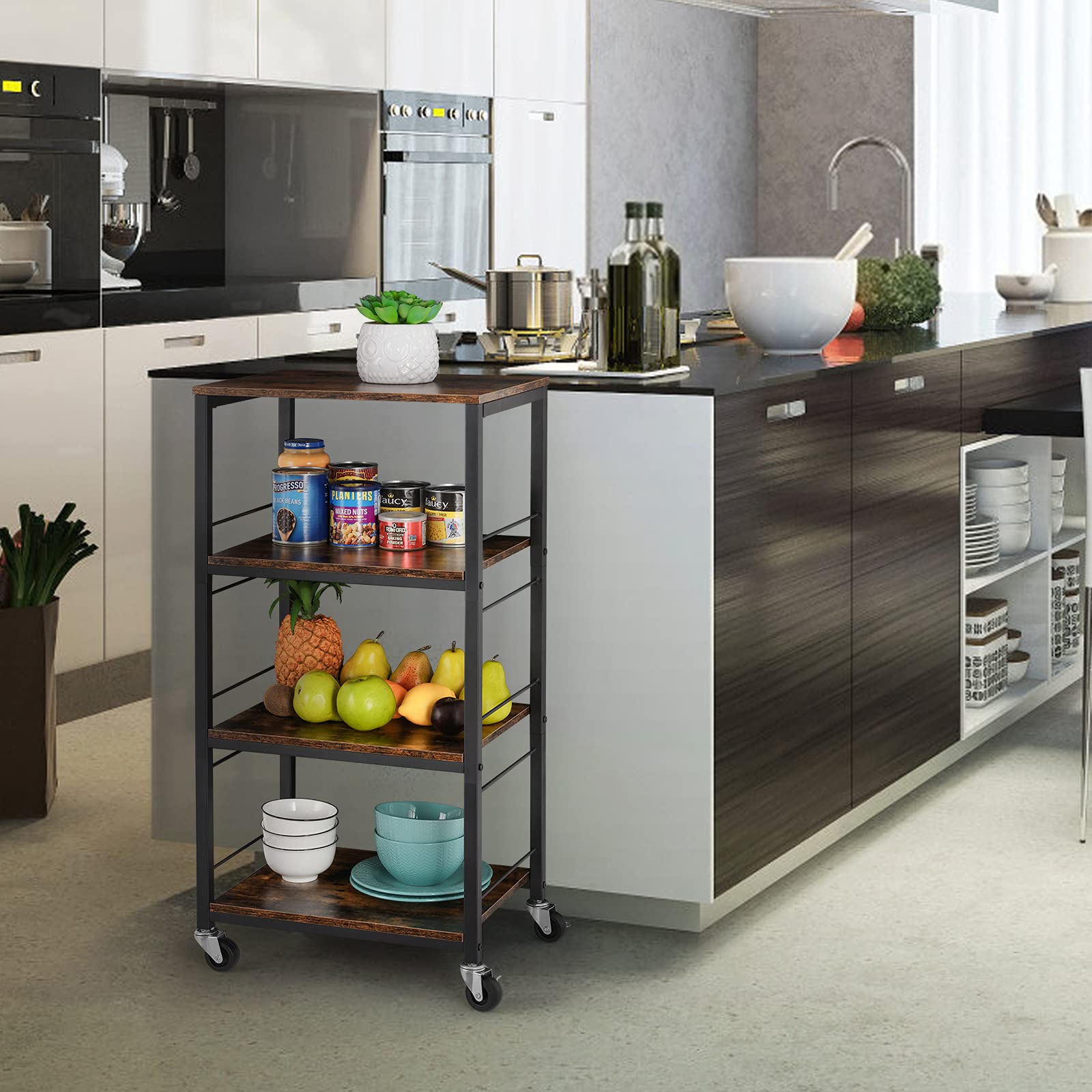 MOOACE 4-Tier Industrial Kitchen Rolling Cart with Wheels - Wooden Top Storage Cart for Coffee, Snacks, Organizer - Perfect for Living Room, Bathroom, Office & Small Space Organization