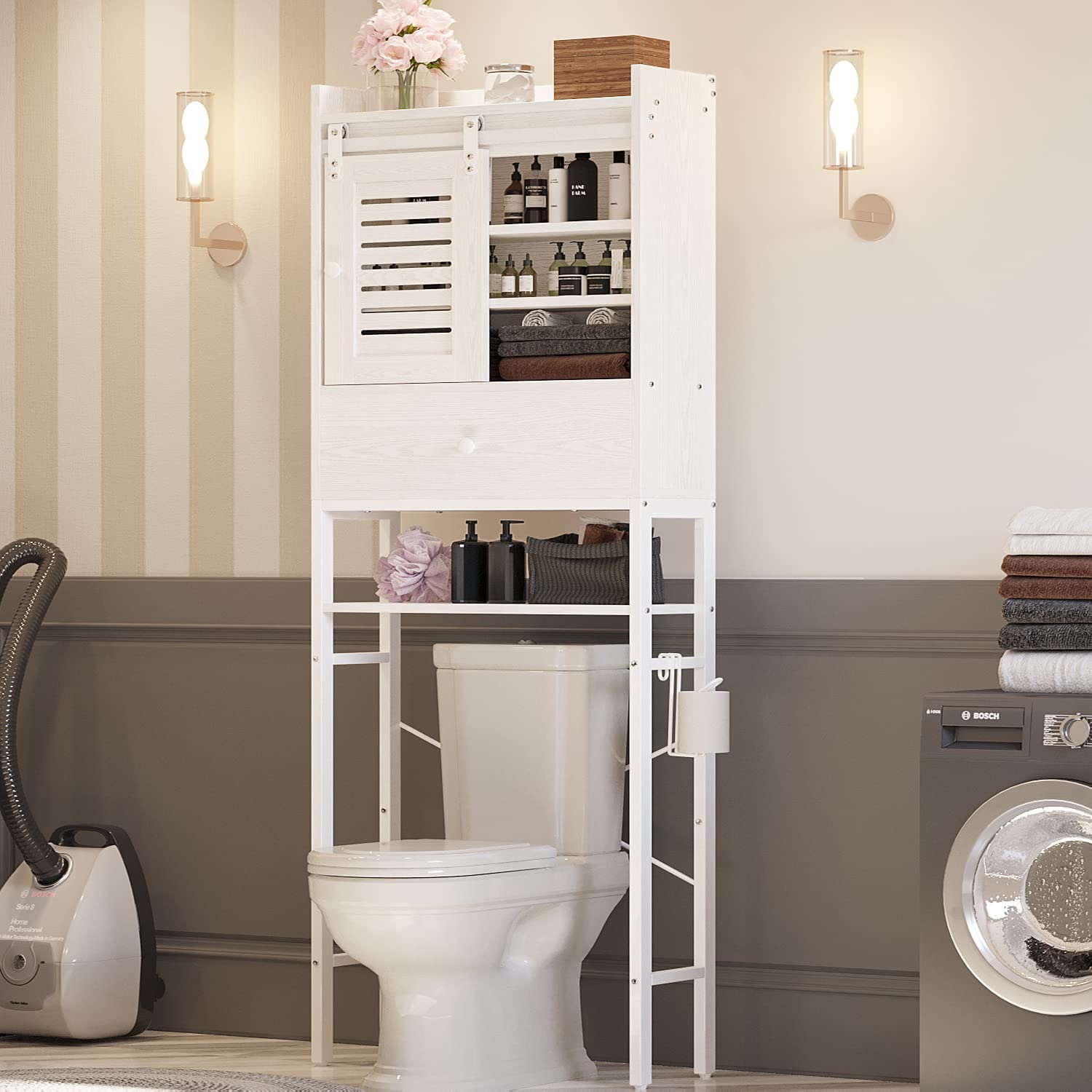IRONCK 6-Tier Over The Toilet Storage Rack with Cabinet & Drawer - Adjustable Bathroom Organizer Shelves with Sliding Door, Paper Hook - White Space Saver for Small Bathrooms, Apartments & Dorm Rooms