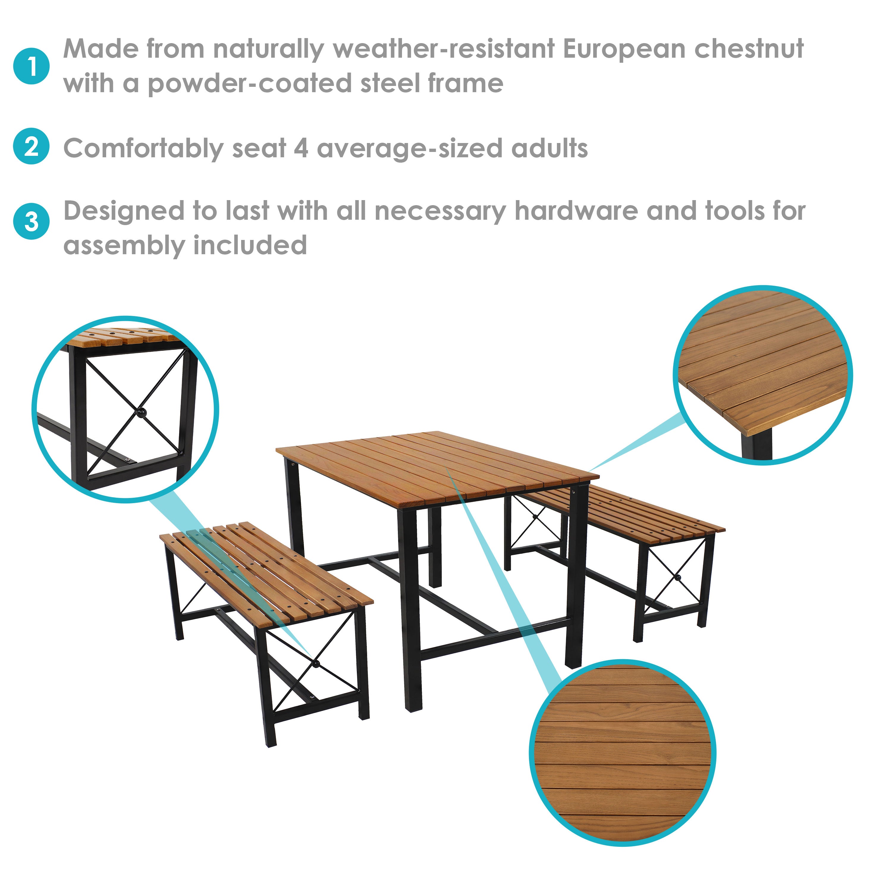 Sunnydaze European Chestnut 3-Piece Patio Dining Set - Outdoor Furniture for Garden, Backyard, and Poolside Dining