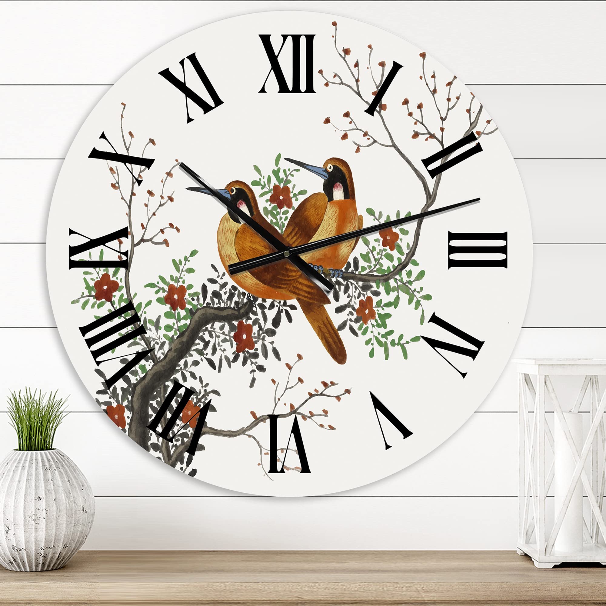 DesignQ Traditional Large Wall Clock - Two Chinese Birds on Flowering Tree Branch - Elegant Animal-Themed Home Decor for Living Room, Bedroom & Office