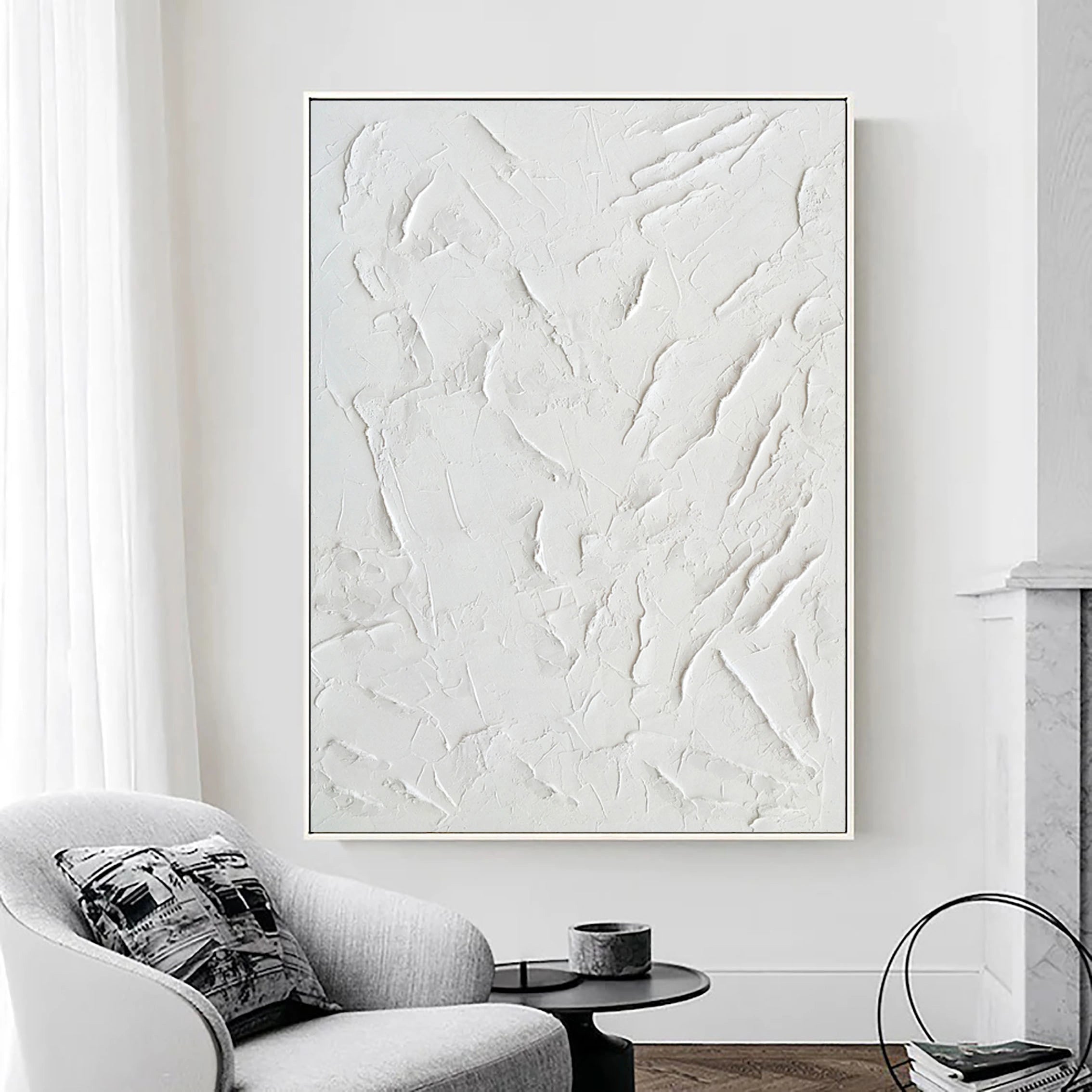 White Minimalist Textured Painting Canvas Wall Art #MM004 - Vertical Modern Abstract Artwork for Living Room, Bedroom & Office Decor