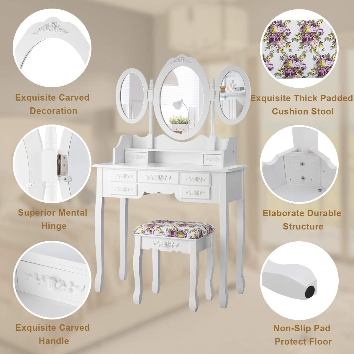 LDAILY Vanity Table Set with Cushioned Stool - White Makeup Dressing Table with Tri-Folding Oval Mirror, 7 Storage Drawers & Detachable Writing Desk for Women & Girls | Perfect for Bedroom, Dressing Room & Home Beauty Station