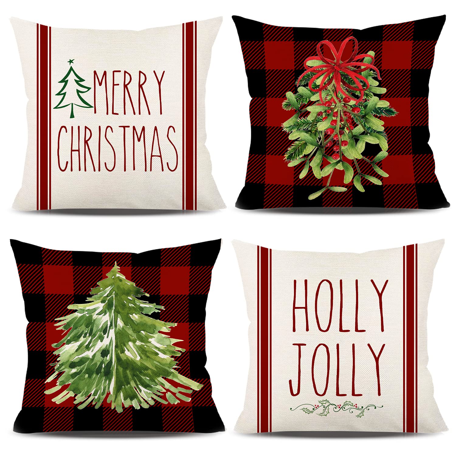 Buffalo Plaid Christmas Pillow Covers Set of 4 - 18x18 Inch Farmhouse Holiday Decor with Mistletoe & Holly Design - Rustic Winter Throw Pillow Cases for Couch, Sofa & Bedroom Decor (Red)