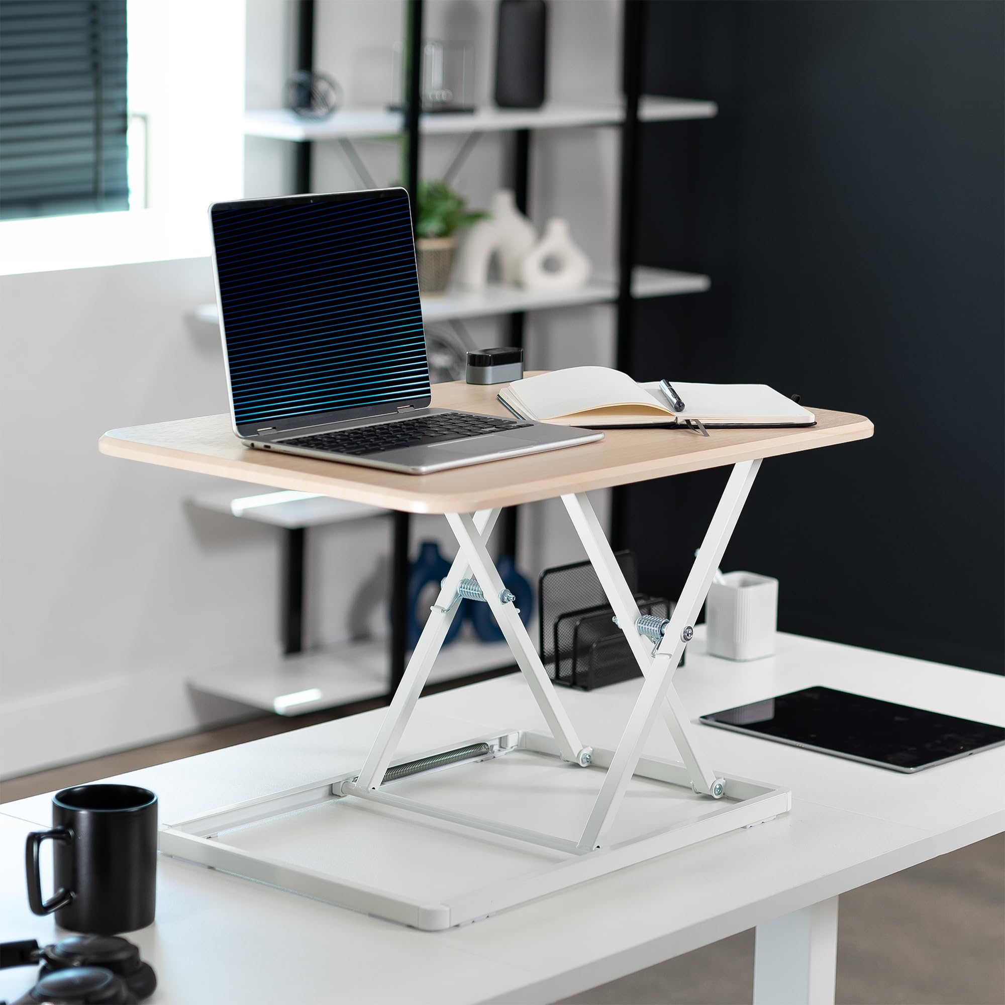 VIVO Ultra-Slim Single Monitor Stand Up Desk Riser - Height Adjustable Sit to Stand Workstation for Laptop & Computer - Light Wood Finish (DESK-V001JF) - Perfect for Home Office, Workspace & Ergonomic Setup