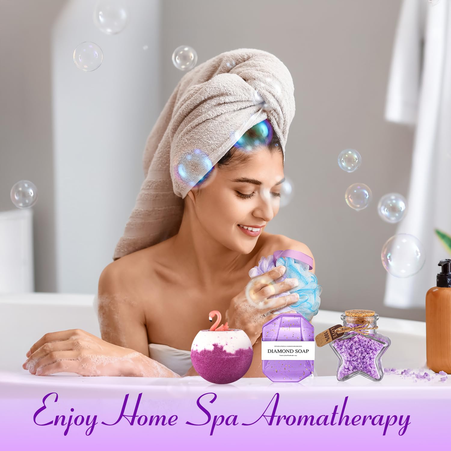 Unique Spa Relaxation Self Care Gift Basket for Women - 8P Purple Birthday, Friendship, Get Well Soon Gift for Best Friend, Mom, Wife, Sister - Perfect for Christmas, Valentine's Day & Mother's Day - Home Spa & Stress Relief Gift Set