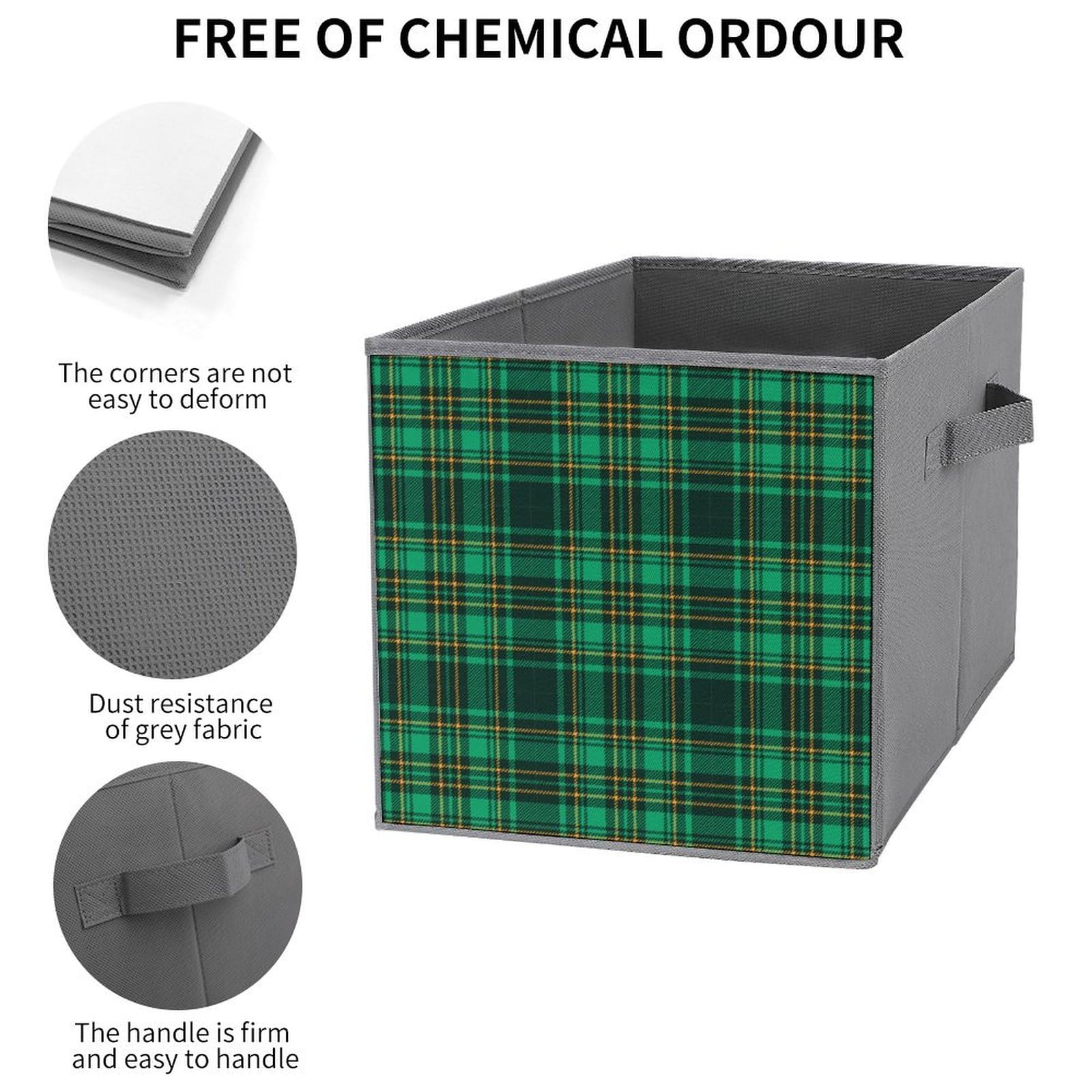 Green Scottish Tartan Plaid Fabric Storage Cubes - Pack of 2 Foldable Organizing Bins with Handles for Closet, Pantry, Shelf, Toy Storage & Home Organization | Perfect for Kids' Rooms, Dorm Rooms & Nursery Organization