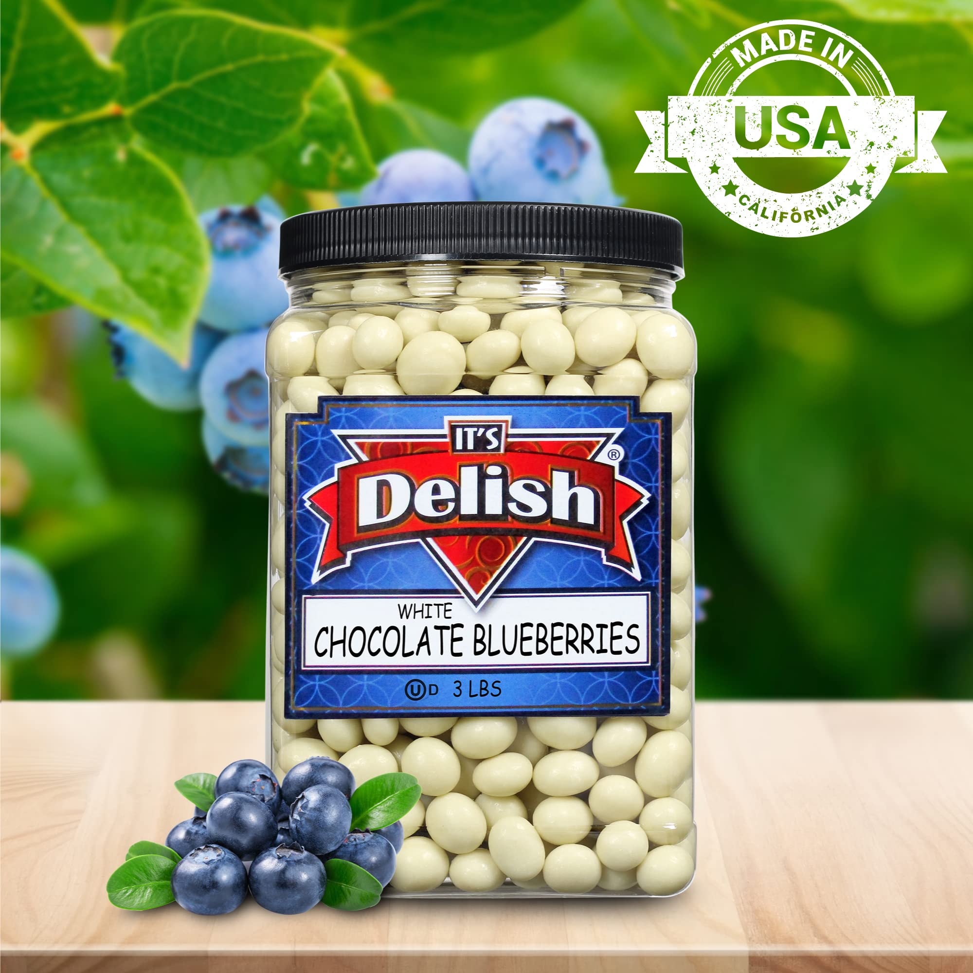 Gourmet White Chocolate Covered Blueberries - 3 LBS Bulk Jumbo Jar | Kosher Dairy Milk Chocolate Coated Dried Fruit Berries | Perfect for Parties, Snacks, Desserts & Gift Baskets | It's Delish Brand