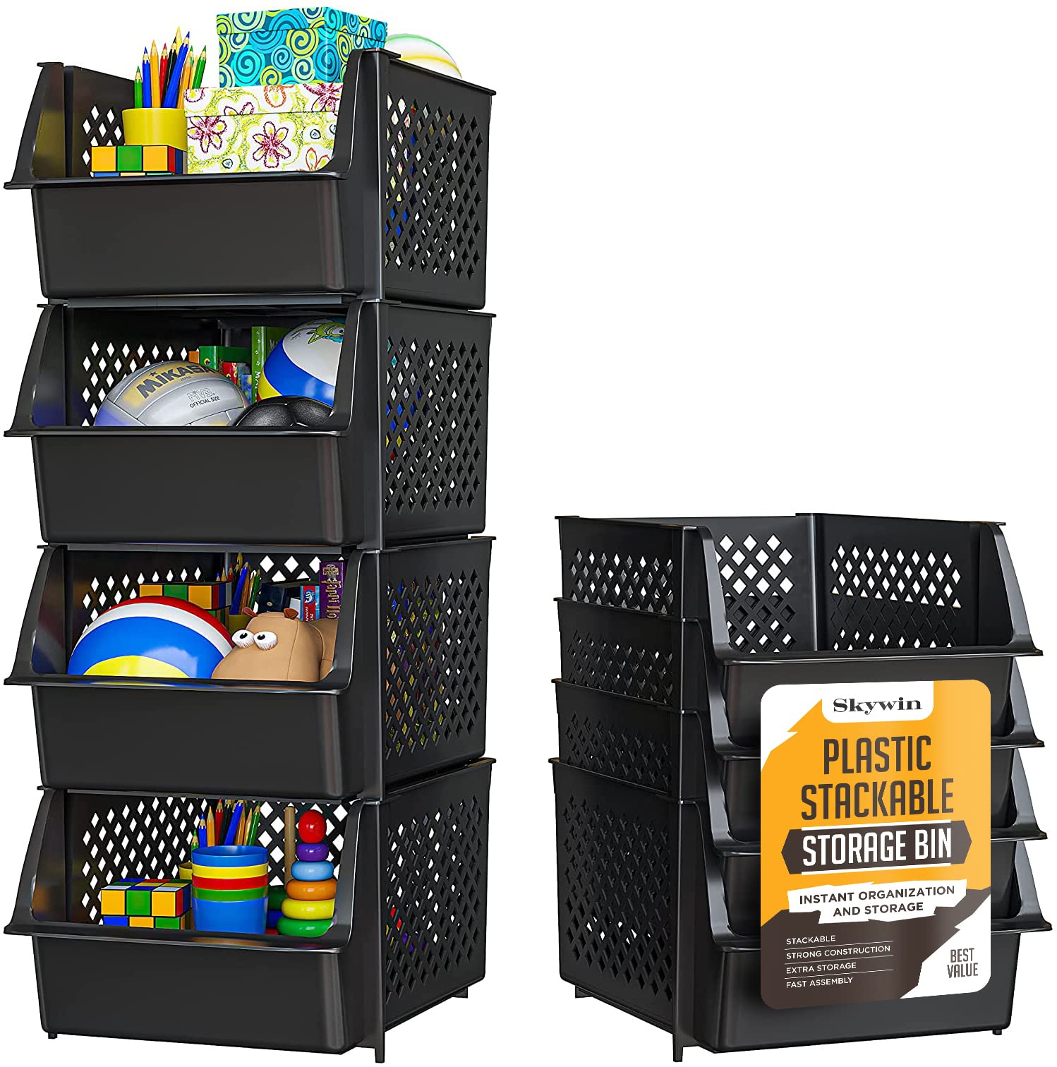 Skywin 4-Pack Black Plastic Stackable Storage Bins - Organize Pantry, Kitchen & Bathroom Essentials | Durable Food Storage Containers for Home Organization & Space Saving