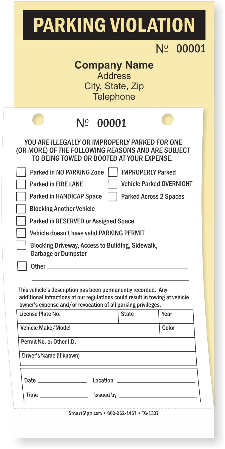 SmartSign Custom Parking Violation Ticket (Pack of 50) - Personalized with Your Company Name & Contact Info - 9.25