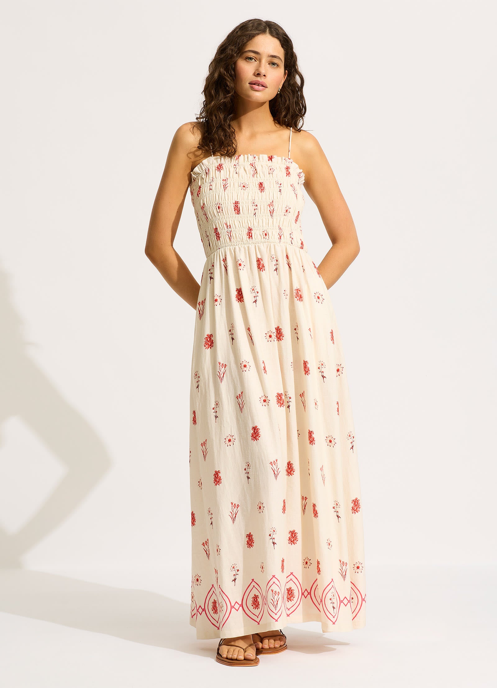 Marbella Shirred Maxi Dress - Flowy Summer Beach Dress with Flame Print | Perfect for Vacations, Pool Parties & Boho Fashion
