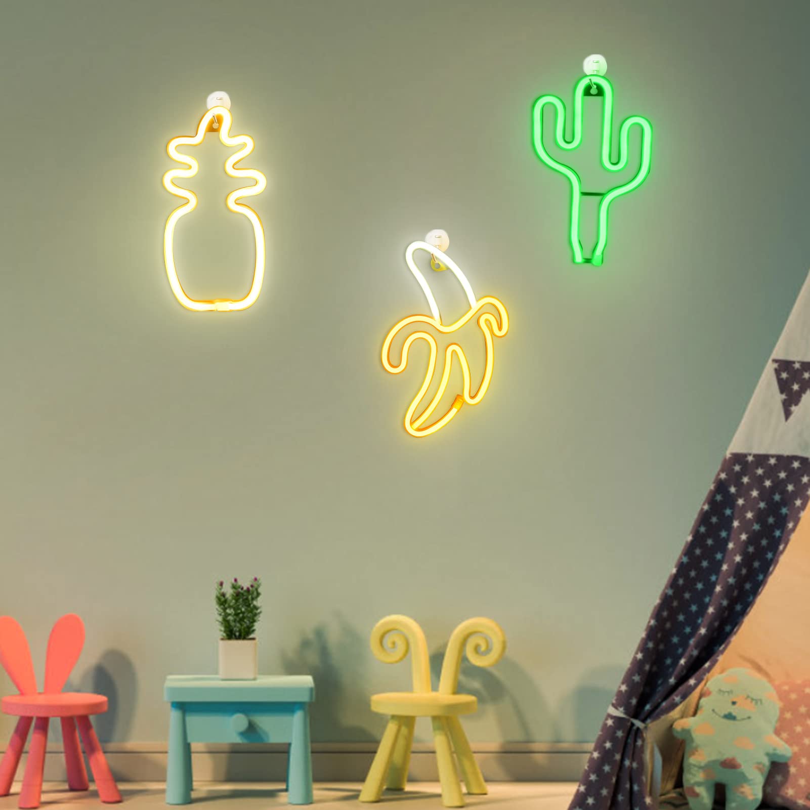 3-Pack Fruit Neon LED Signs - Cactus, Pineapple & Banana Wall Decor for Bedroom, Birthday Party & Holiday Activities | USB/Battery Powered Neon Lights for Home, Bar, Cafe & Wedding Decorations