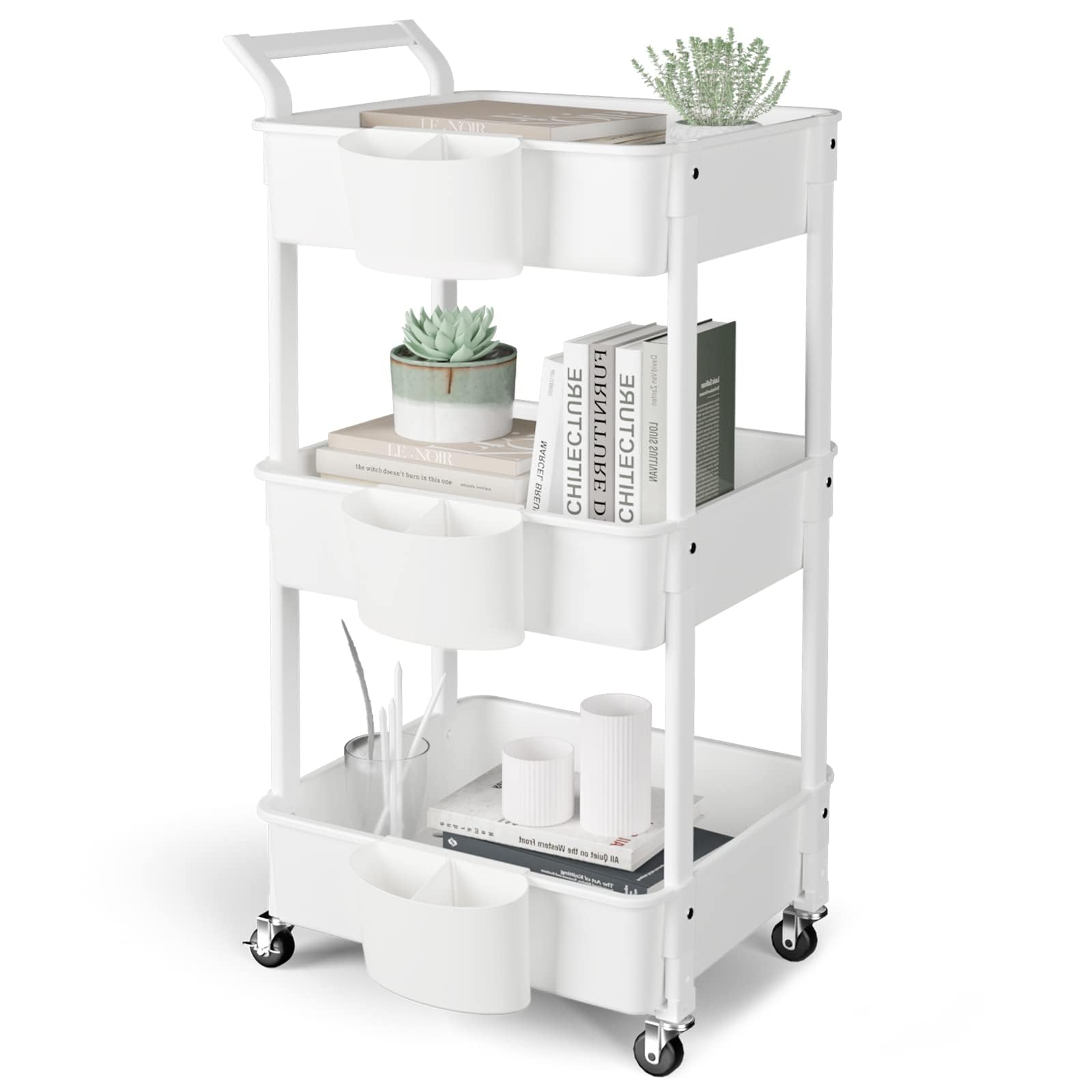 HBTower 3-Tier Rolling Storage Cart with Hanging Cups - Multi-Purpose Mobile Organizer for Kitchen, Bathroom, Office & Makeup - White | Perfect for Small Space Organization, Coffee Station Setup & Beauty Product Storage