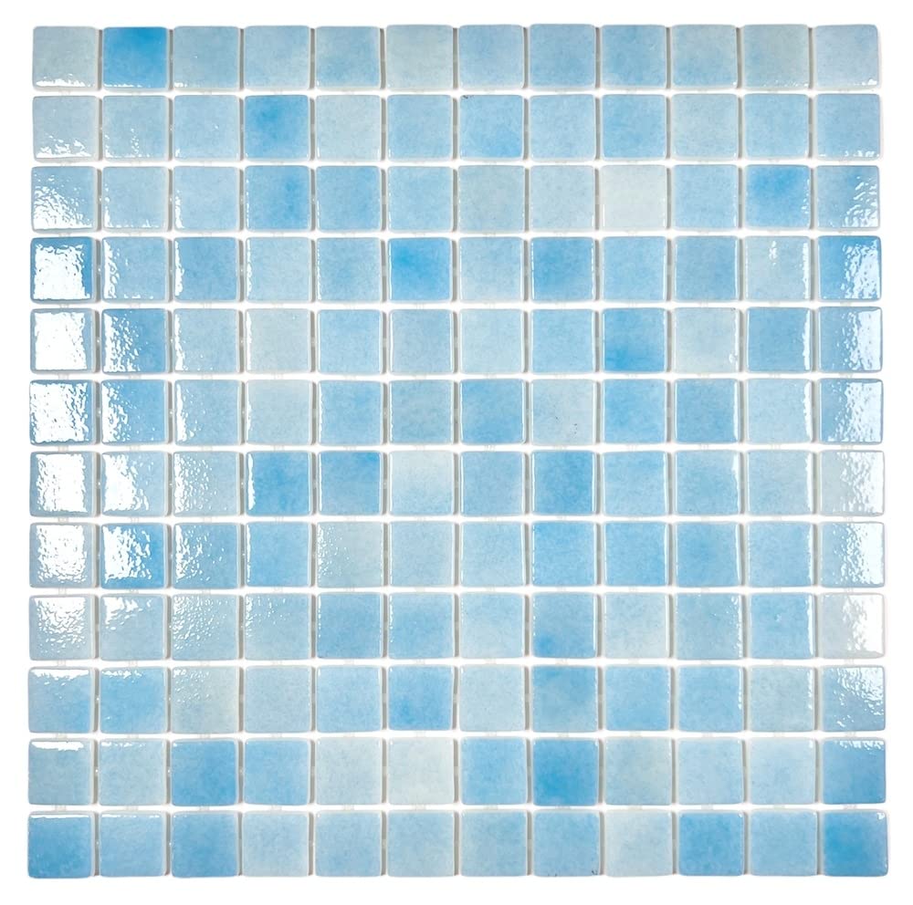 Blue Recycled Glass Mosaic Tile - 7/8 Inch Square Pattern for Kitchen Backsplash, Bathroom Wall, Swimming Pool & Accent Wall | Eco-Friendly Home Decor | Box of 10 Sheets (Sky Blue) | Perfect for Modern Kitchen Renovation, Spa Bathroom Design & Luxury Pool Decoration