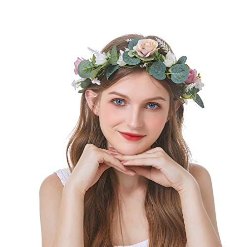 June Bloomy Women's Rose Flower Crown with Eucalyptus Leaves - Floral Headband for Baby Showers, Photo Shoots & Bridal Hair Wreath (Pink Champagne Rose) | Boho Wedding Accessories, Spring Festival Hair Garland, Maternity Photography Props