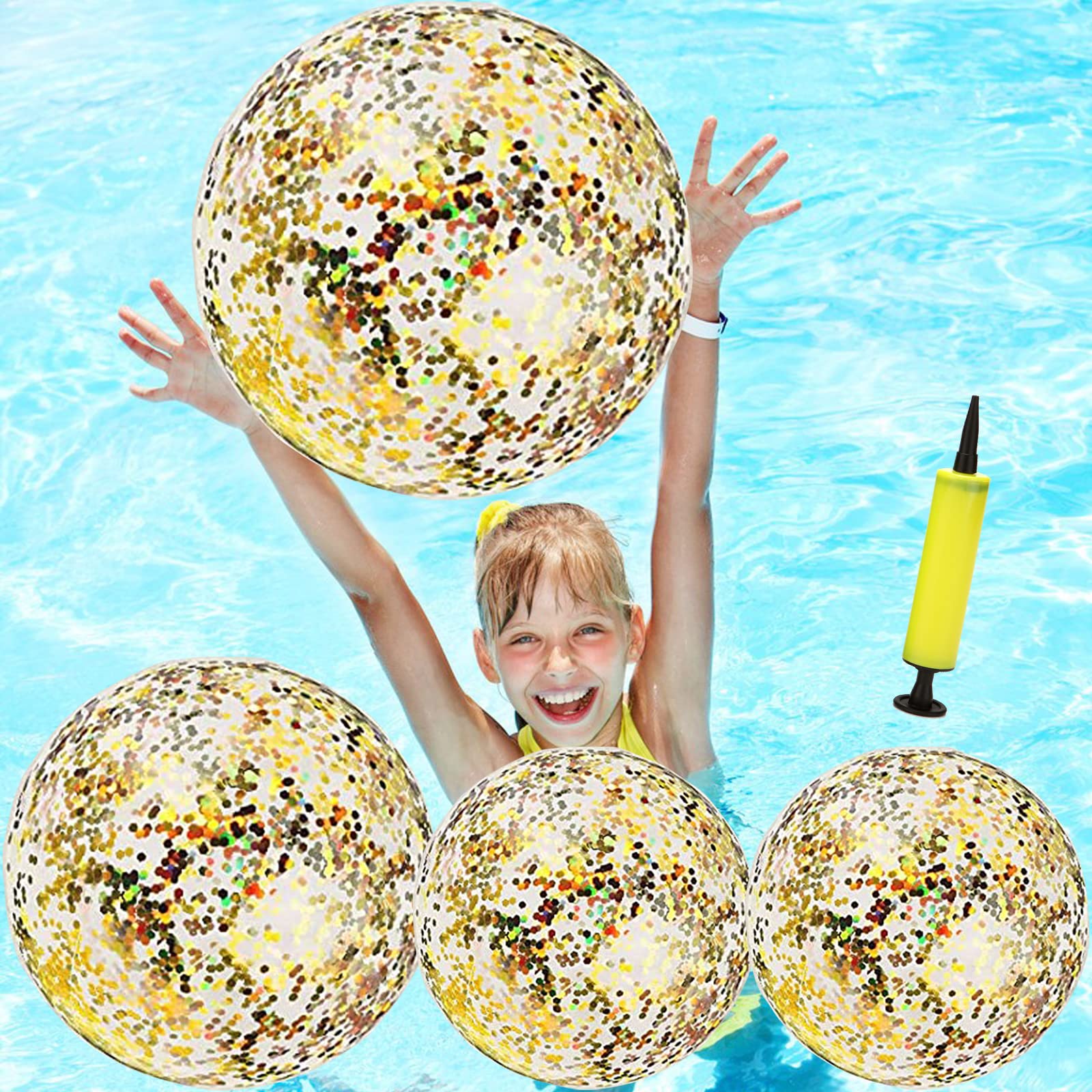 4 Pack Inflatable Glitter Beach Balls - Transparent Confetti Pool Float Toys for Swimming, Water Play & Summer Parties | Perfect for Beach, Birthday, Hawaiian Luau & Outdoor Events (12 Inch)