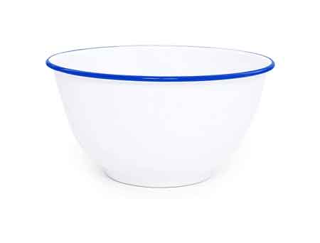 Vintage Style Enamelware Serving Bowl with Blue Rim - 5 Quart Capacity - Perfect for Family Dinners, Picnics & Farmhouse Style Kitchen Decor