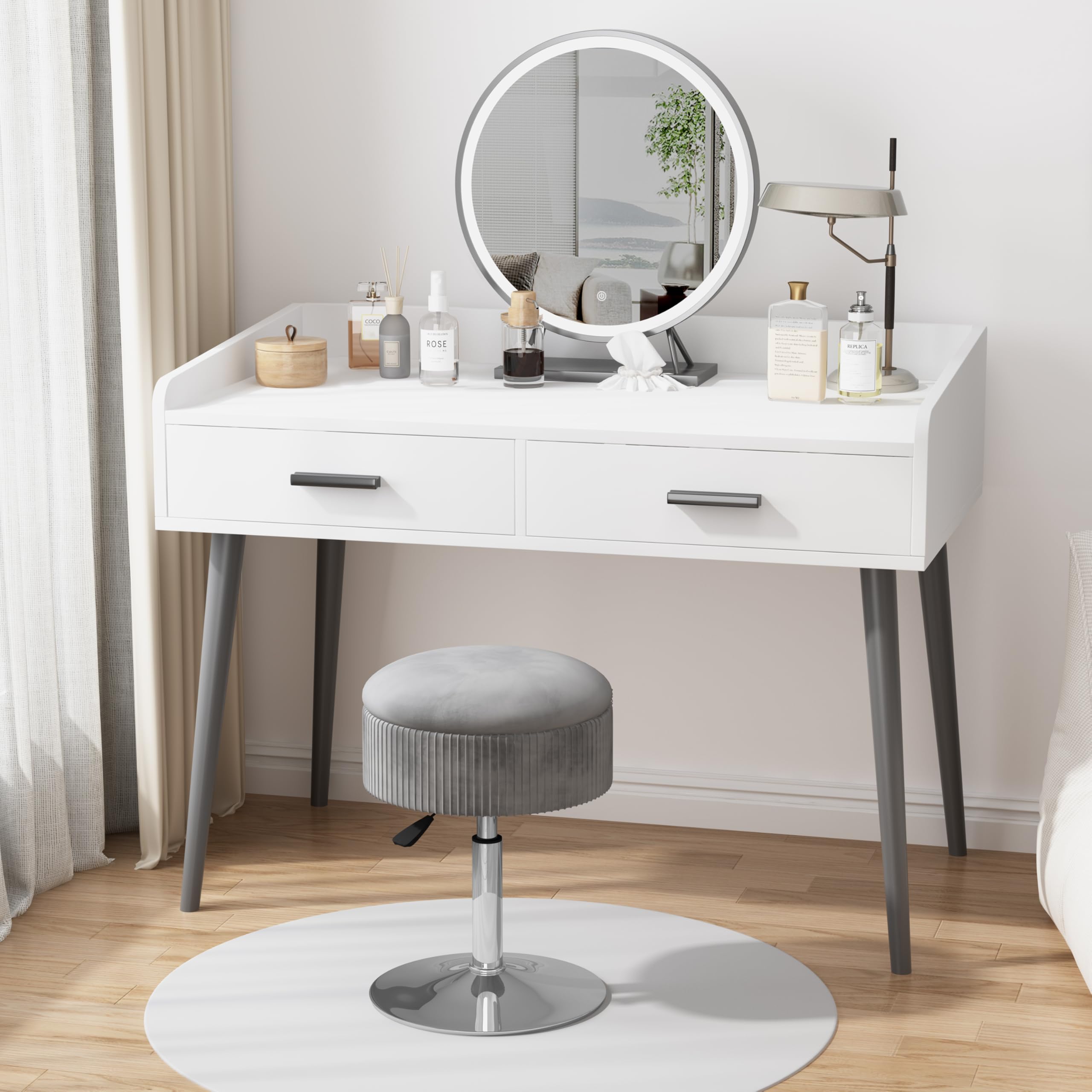 ACEQLYT® 360° Swivel Adjustable Storage Stool - Velvet Round Ottoman Chair for Vanity, Bathroom & Bedroom | Multifunctional Makeup Stool with Hidden Storage | Perfect for Dressing Tables, Small Spaces & Home Decor (Gray)