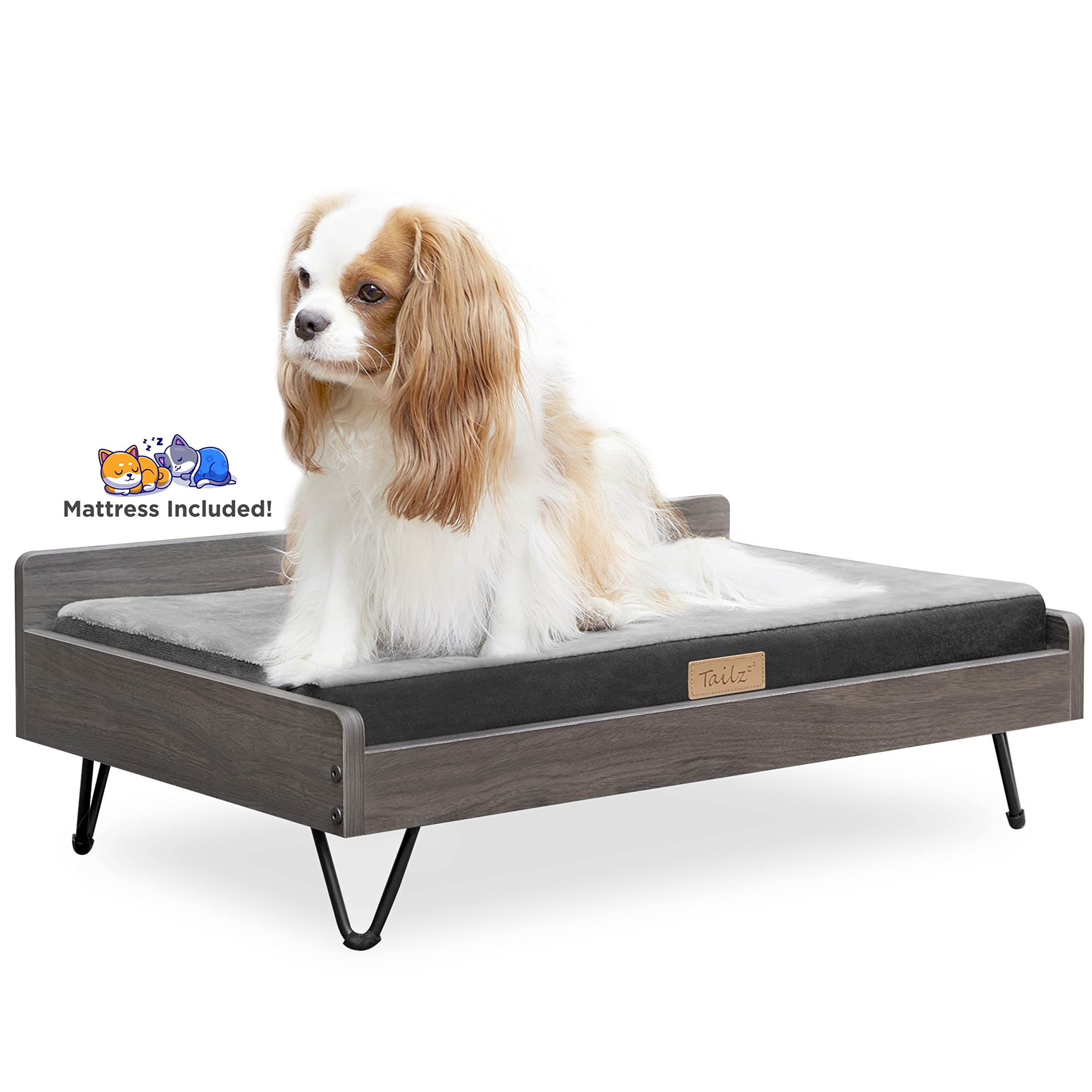 Premium Elevated Wooden Dog Bed & Pet Couch with Water-Resistant Calming Mattress - Small to Medium Size - Greenguard Gold Certified - Cozy Indoor/Outdoor Pet Furniture for Living Room, Patio or Bedroom