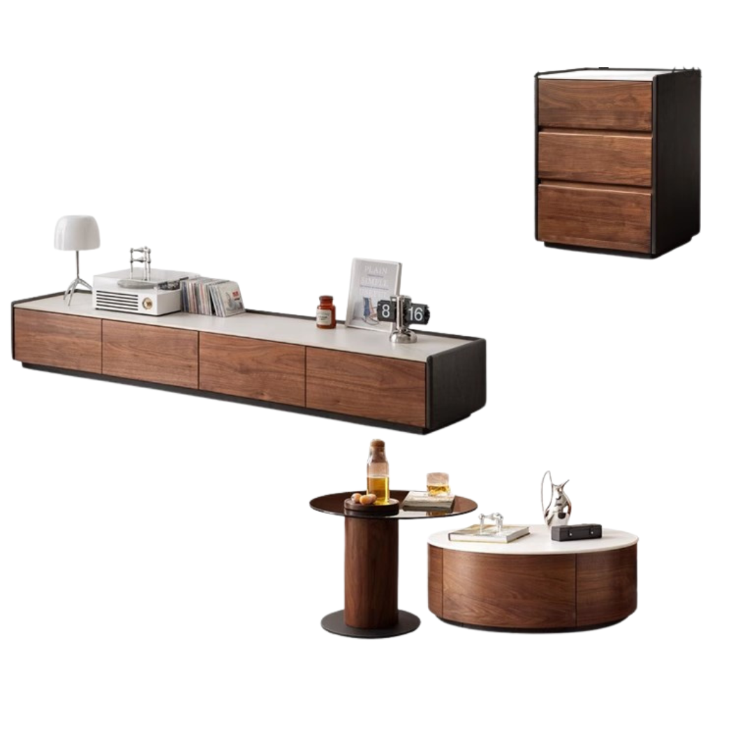 Premium Black Walnut Solid Wood TV Stand with Rock Slab Design - Modern Entertainment Center for Living Room, Home Theater & Media Storage