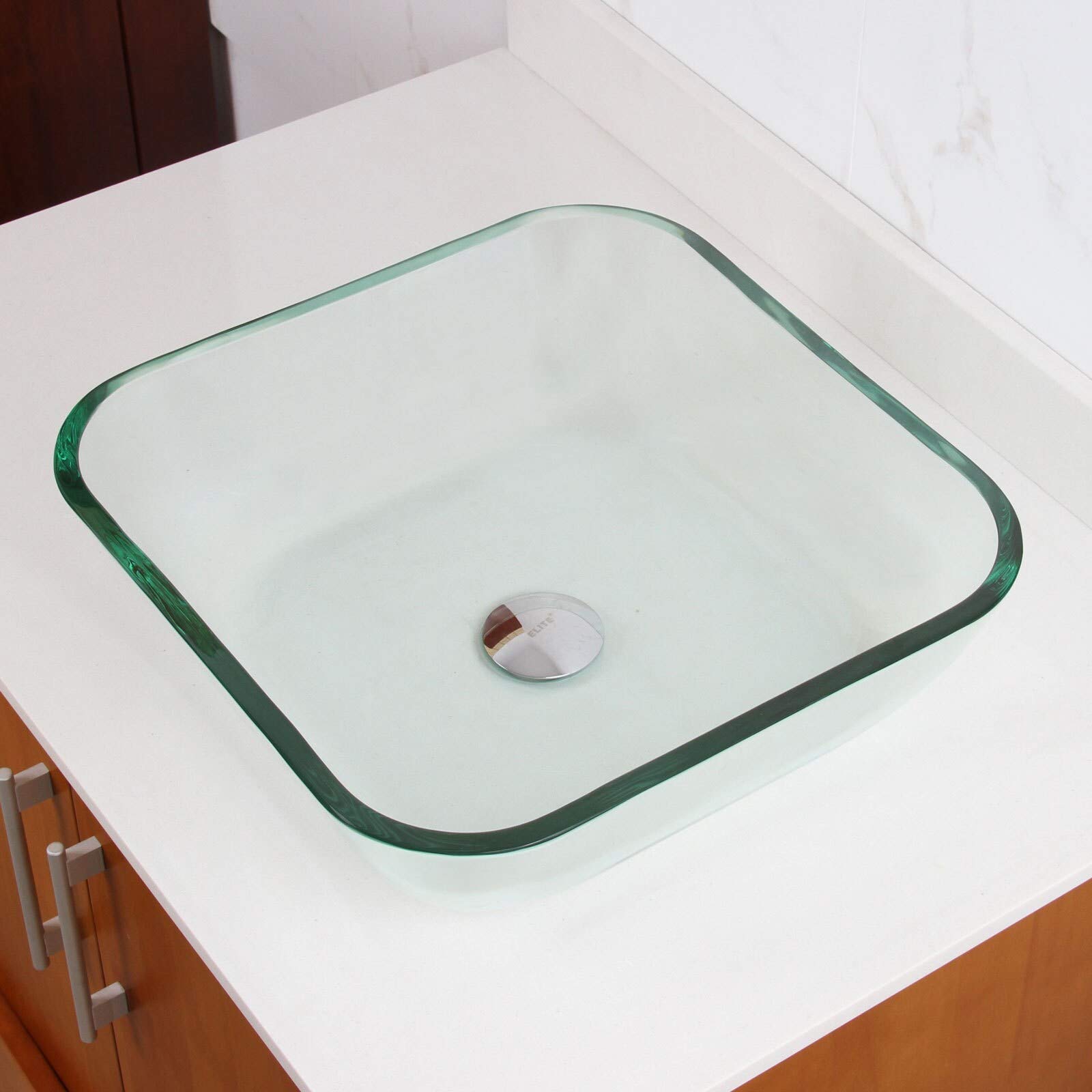 Clear Square Tempered Glass Vessel Sink for Bathroom - Modern Transparent Design for Vanity, Powder Room & Contemporary Home Decor