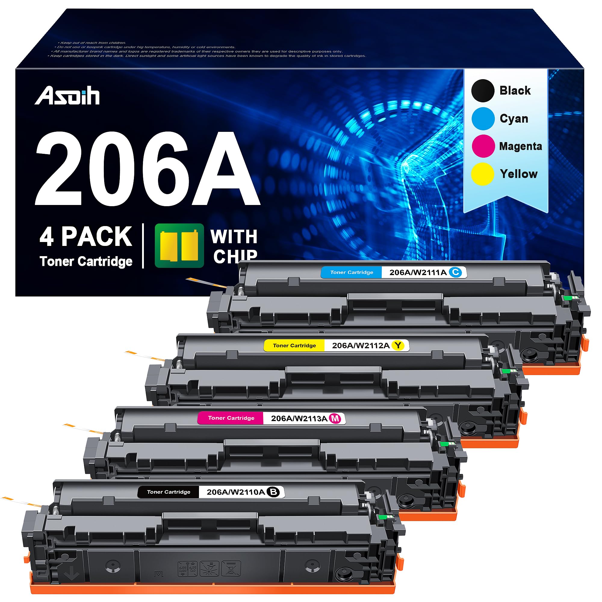 4-Pack 206A Toner Cartridges Compatible with HP 206A/206X - Works with HP Color LaserJet Pro M283fdw, M255dw, M283cdw, M282nw, M283c, M255d Printers (W2110A, W2111A, W2112A, W2113A) - High-Yield Replacement Toner for Home & Office Printing (with CHIP)