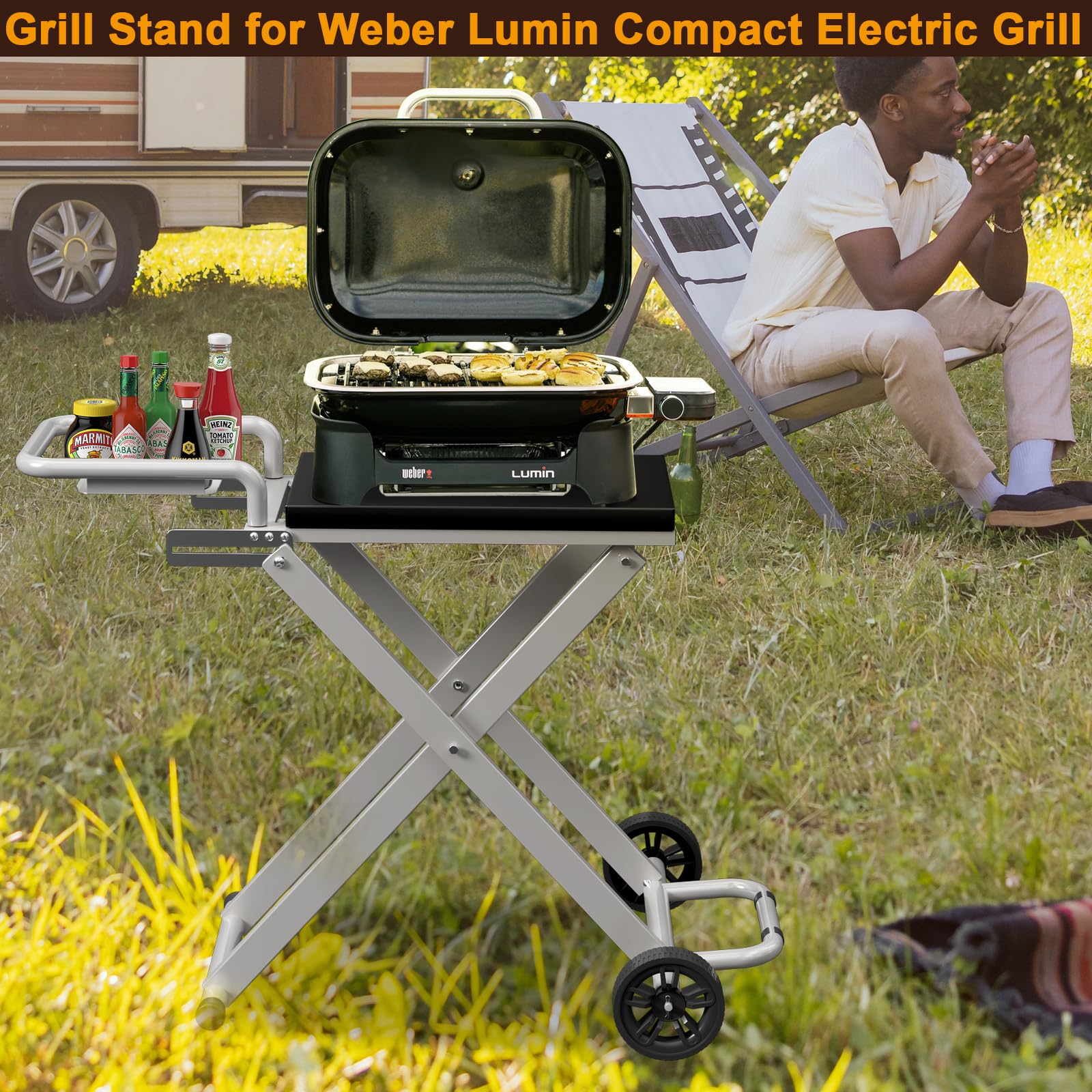 Portable Grill Cart for Weber Lumin Compact Electric Grill - Folding Outdoor BBQ Table with Side Shelf for Weber 91010901 & 91300901 | Perfect for Backyard, Camping, and Tailgating Parties