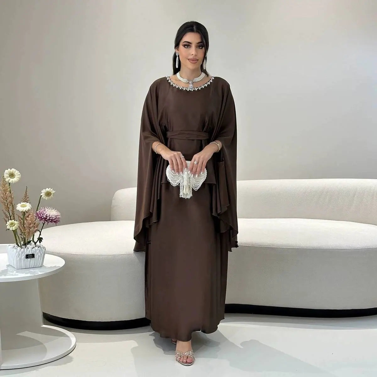 Urgarment Elegant Satin Abaya Dress with Bradde Chain - Style #25184 | Perfect for Eid, Weddings & Special Occasions