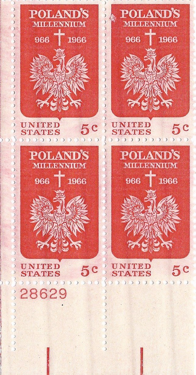 1966 Poland Millennium Mint Plate Block of Four Stamps - US Issue 1313 | Rare Collectible Stamps for Philatelists & History Enthusiasts | Perfect for Stamp Albums, Framed Displays & Gifts